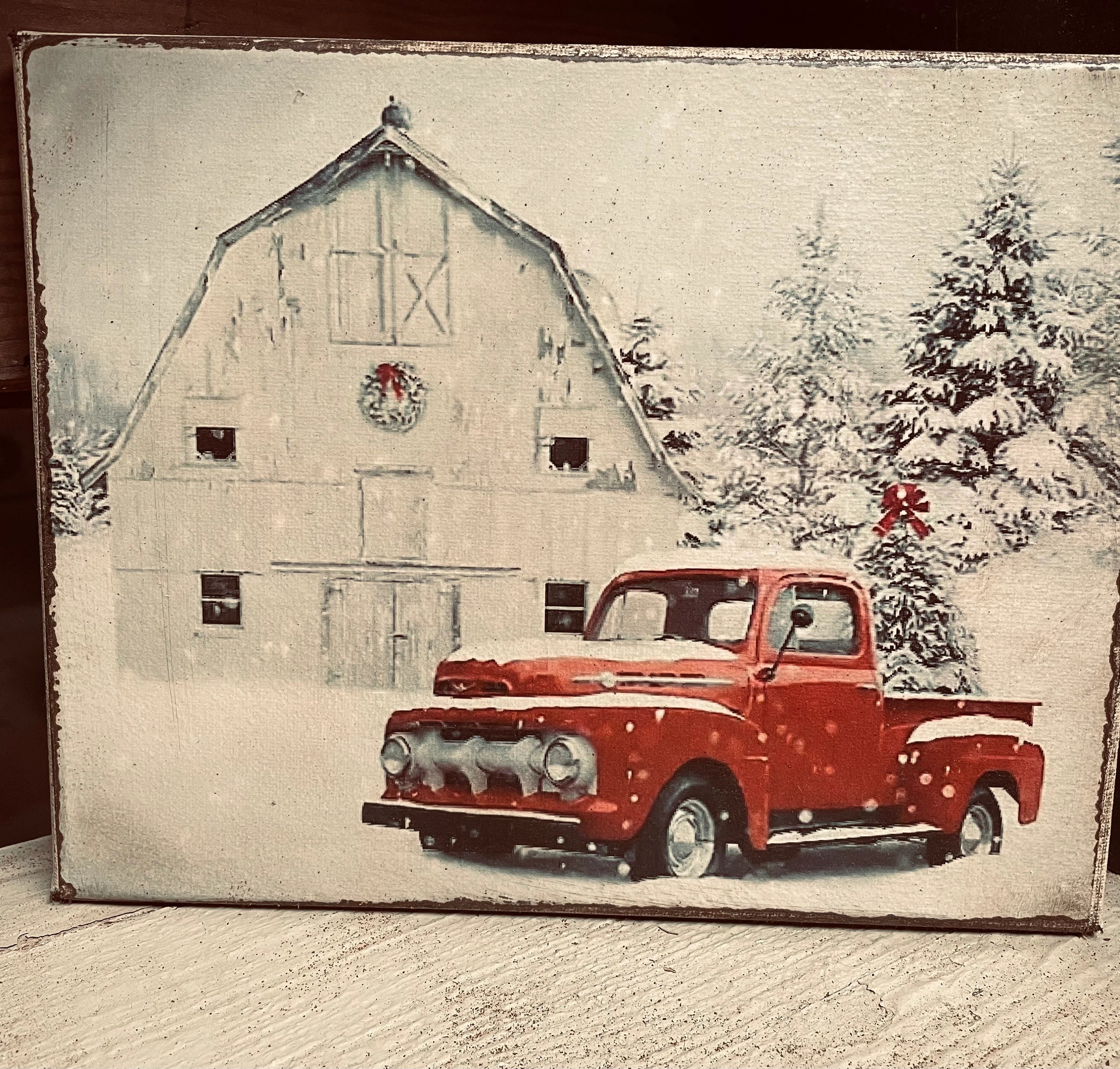 Primitive Winter Christmas Grungy Decorative Truck Canvas Print 8x10