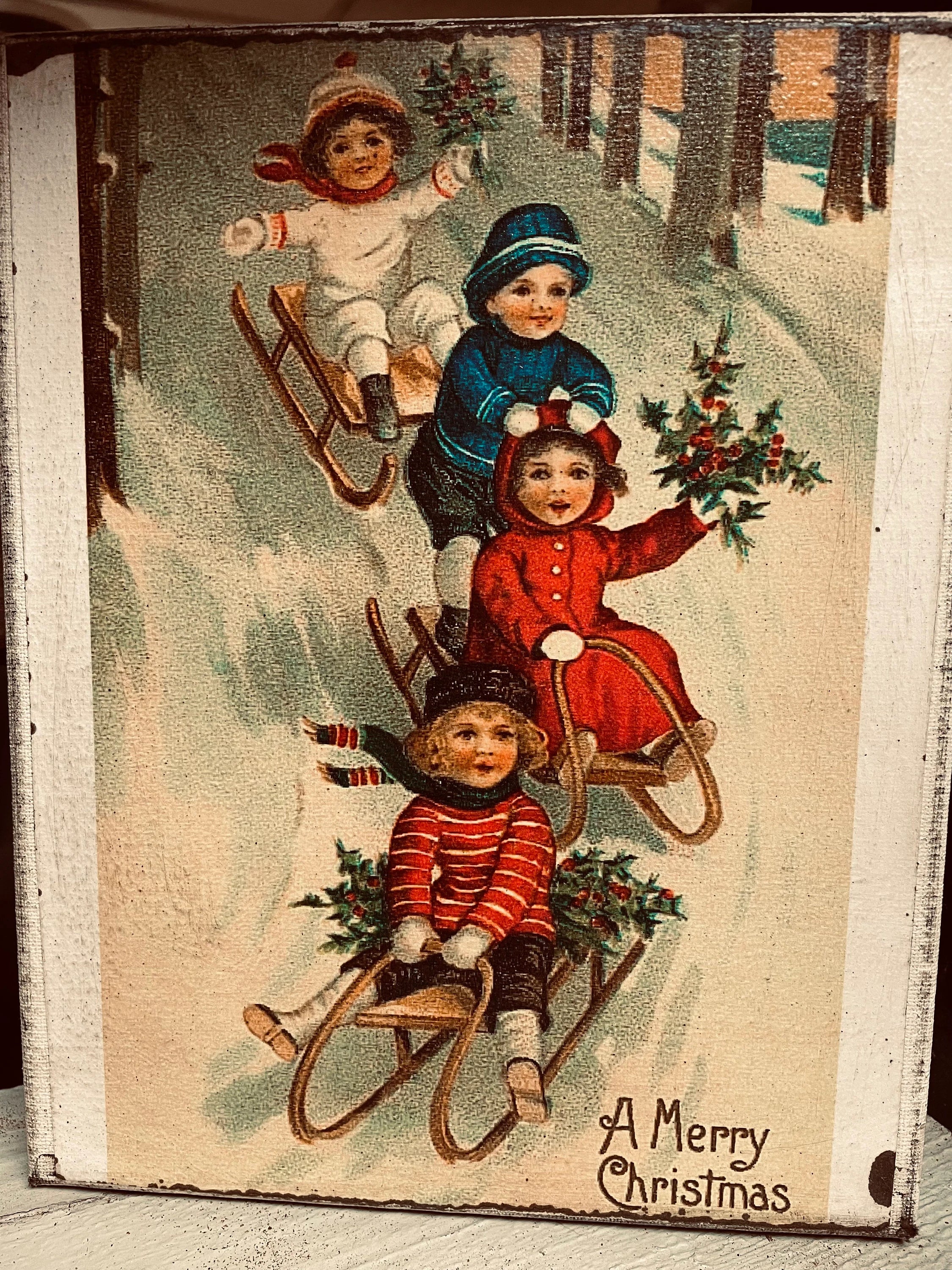 Primitive Winter Christmas Grungy Decorative Sledding Canvas Print 8x10