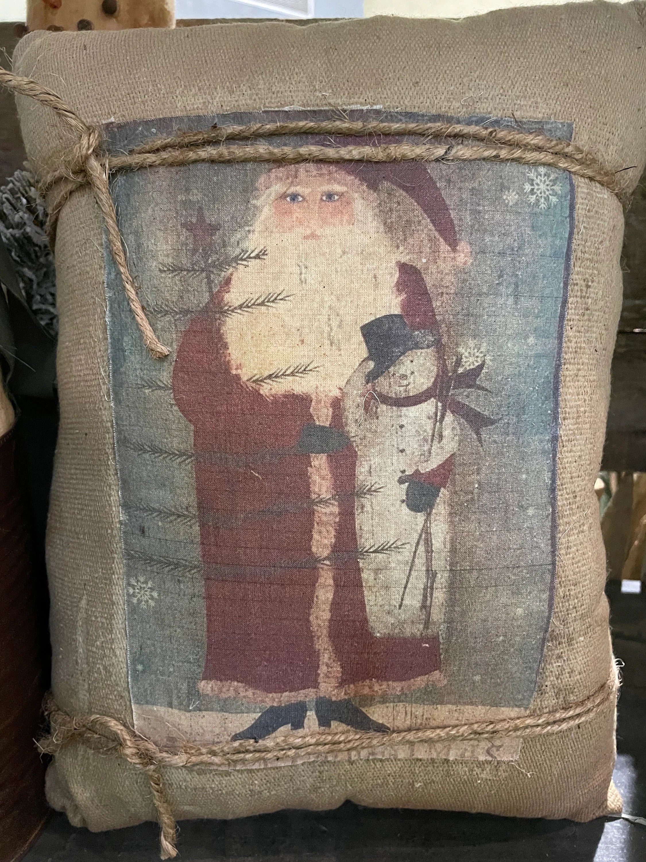 Large Primitive Feedsac Pillow With Santa Print