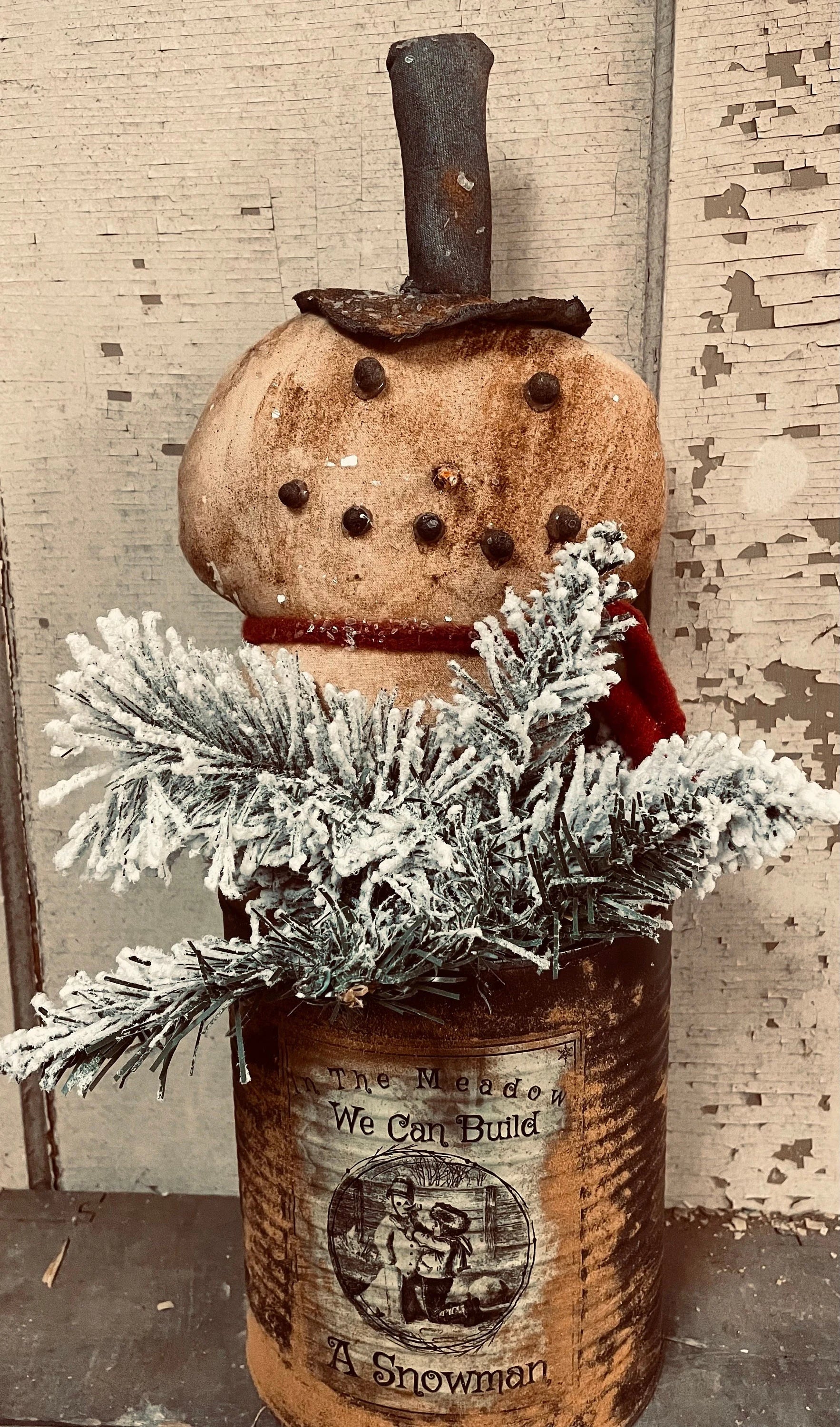 Primitive Christmas Snowman In Can