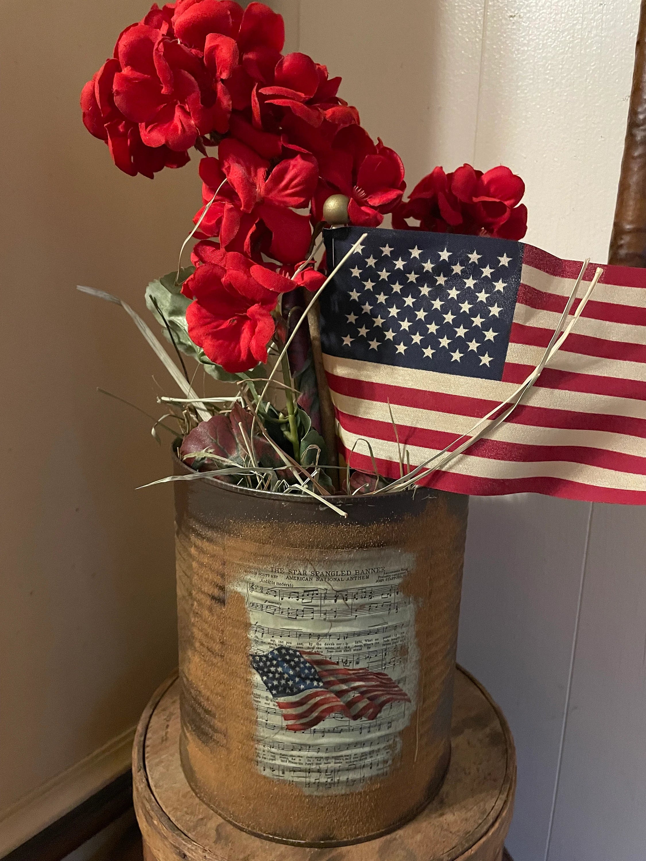 Primitive Grungy Faux Geranium Can Shelf Sitter 18x6