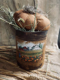 Primitive Pumpkin In Large Can With Pumpkin Farm Print 9x7