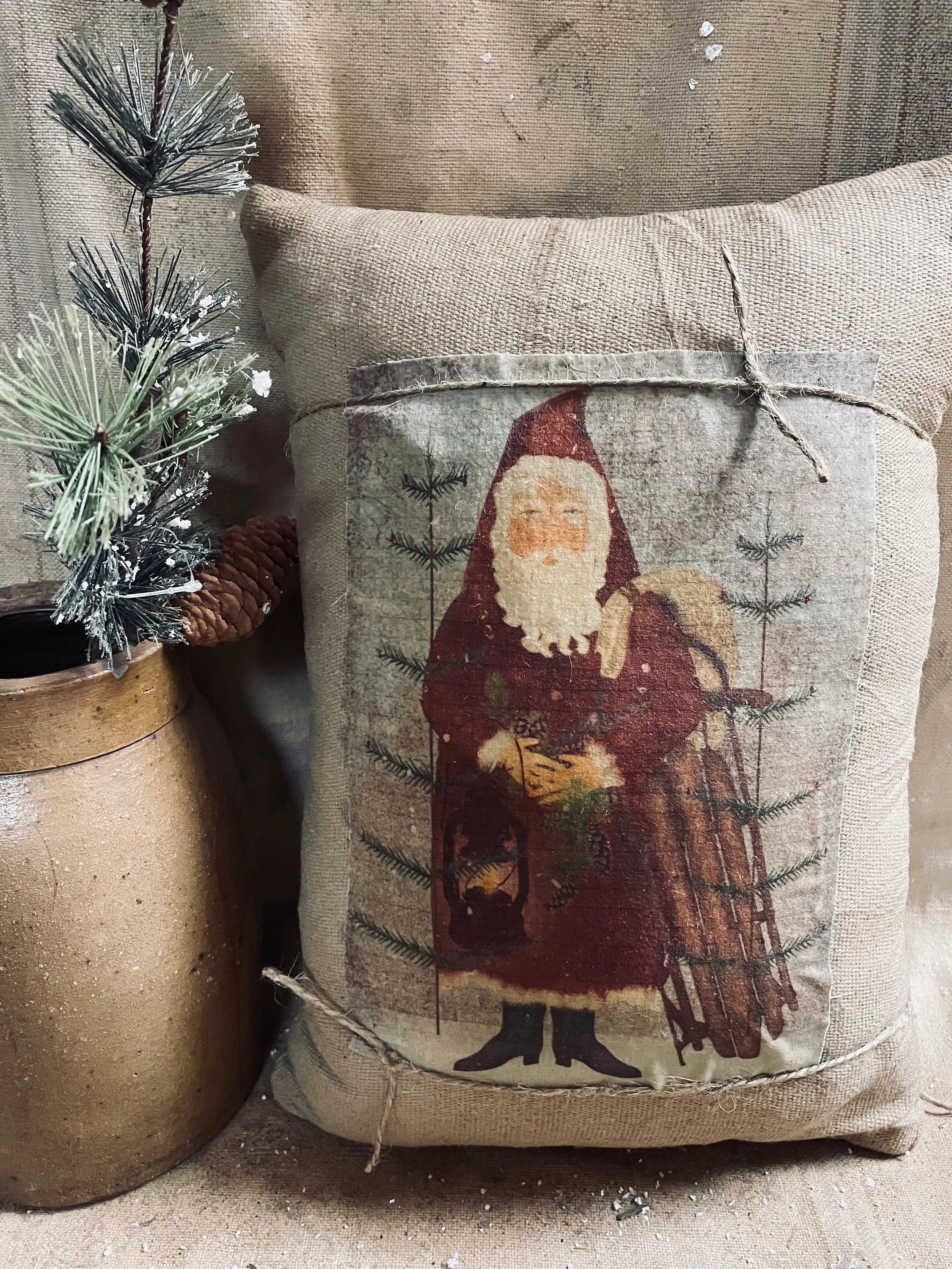 Large Primitive Feedsac Pillow With Santa Print