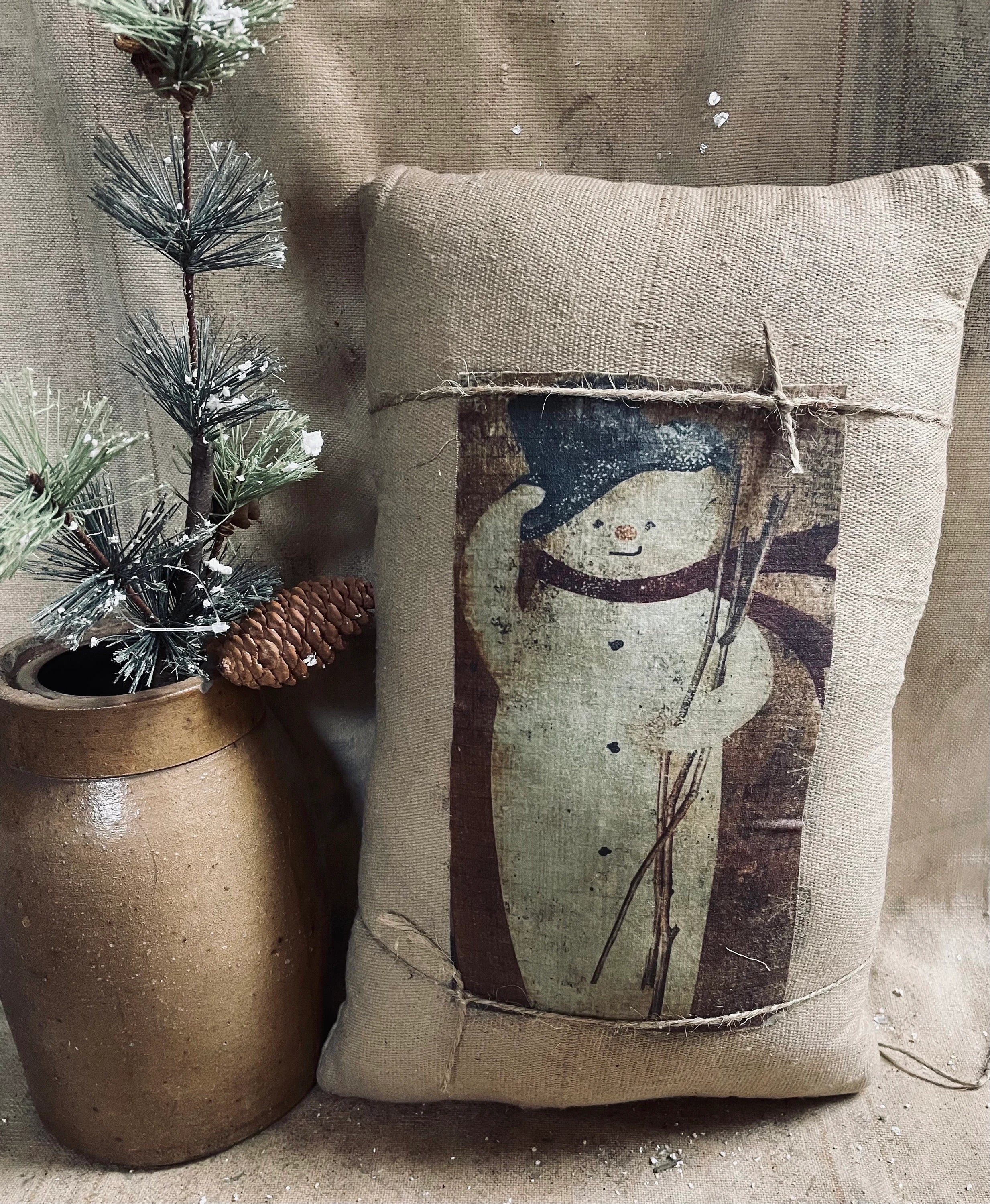 Large Primitive Feedsac Pillow With Snowman Print