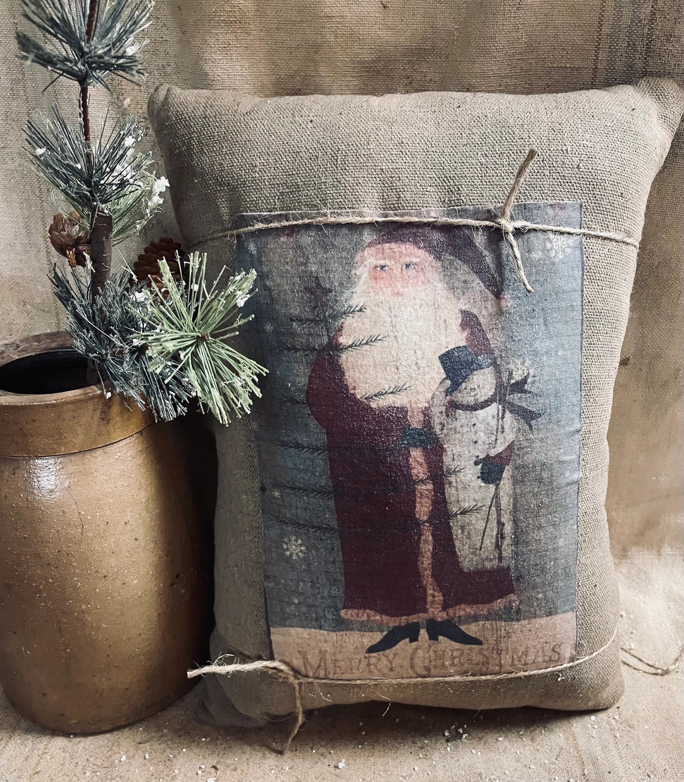 Large Primitive Feedsac Pillow With Santa Print