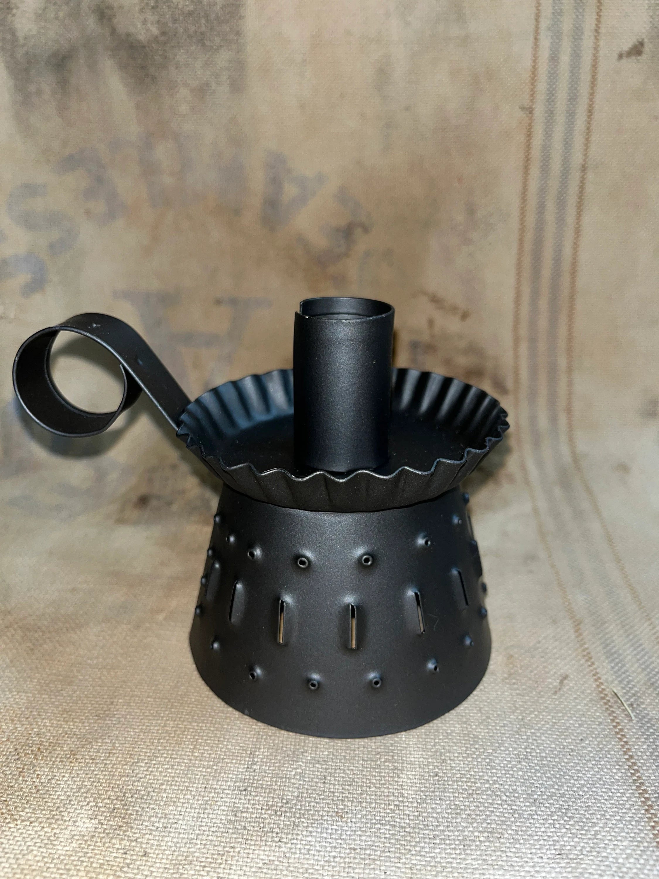 Primitive Jefferson Punch Tin Candle Holder 4x4 With Candle Black Tin