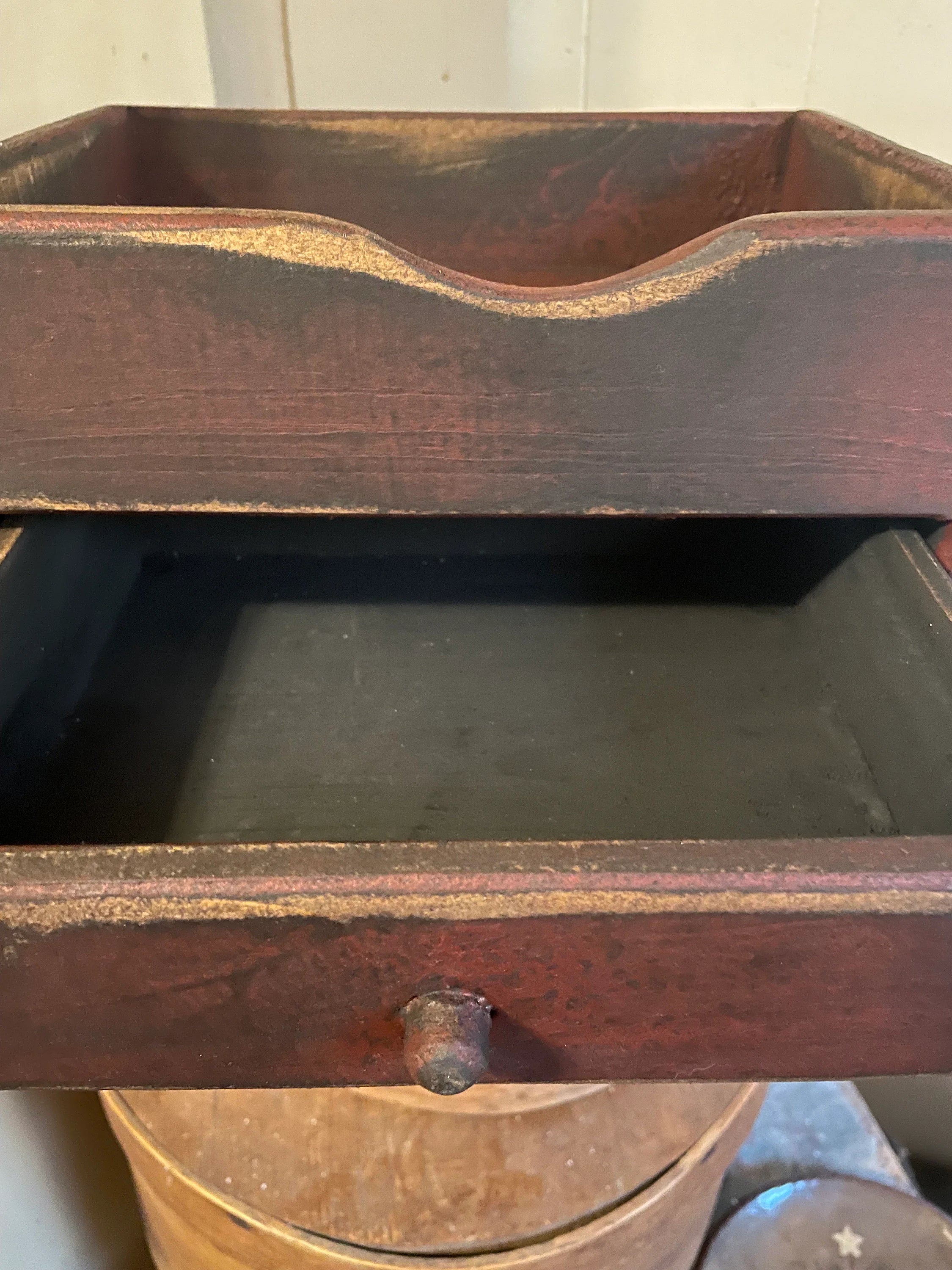 Primitive Wooden One Drawer Cubby 10x8x6 Red Over Black