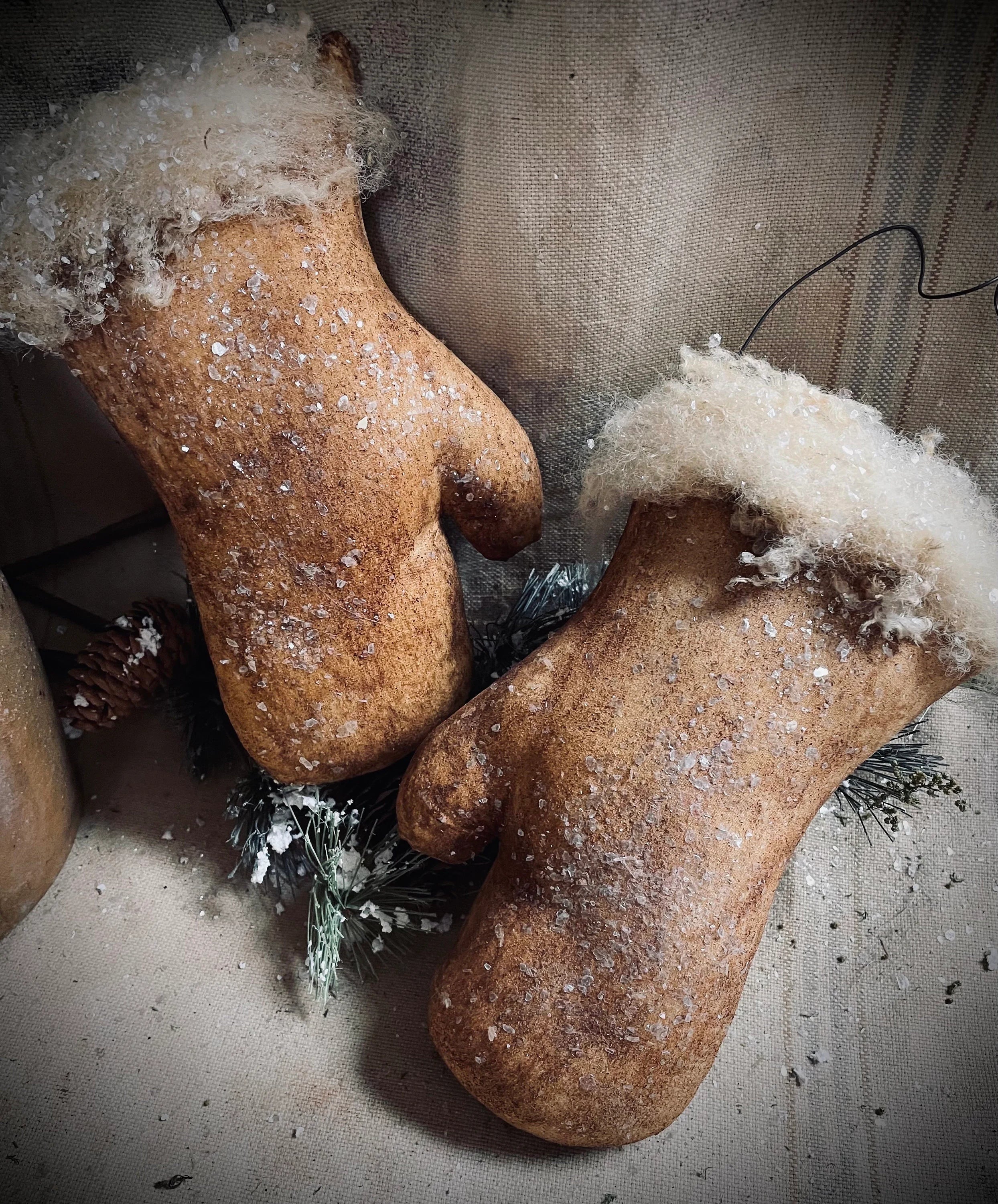 2 Large Primitive Christmas Winter Set of Tan Mitten Hangers Bowl Fillers 9x4