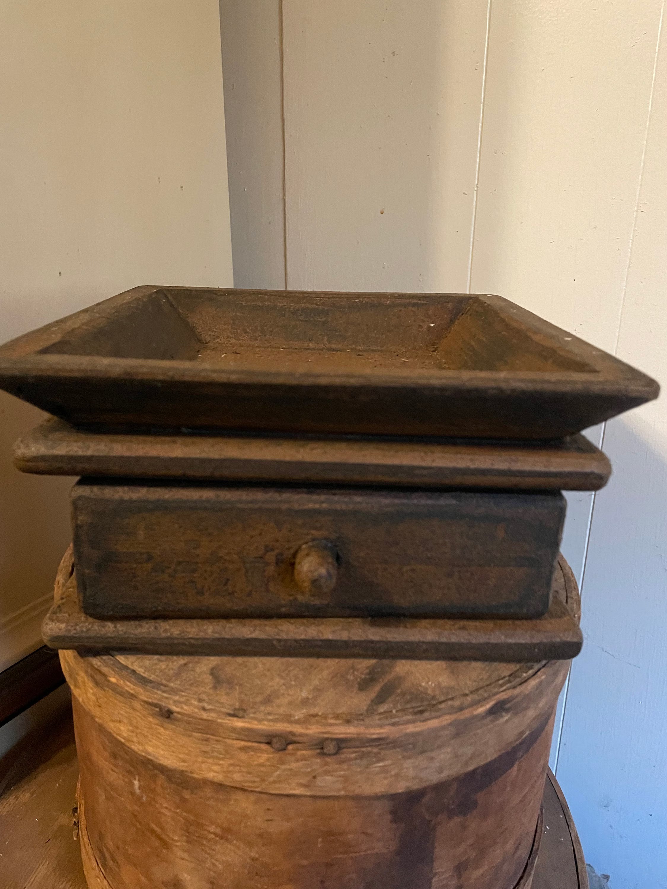 Primitive Wooden Tray with Drawer 8x8x4 Mustard Over Black