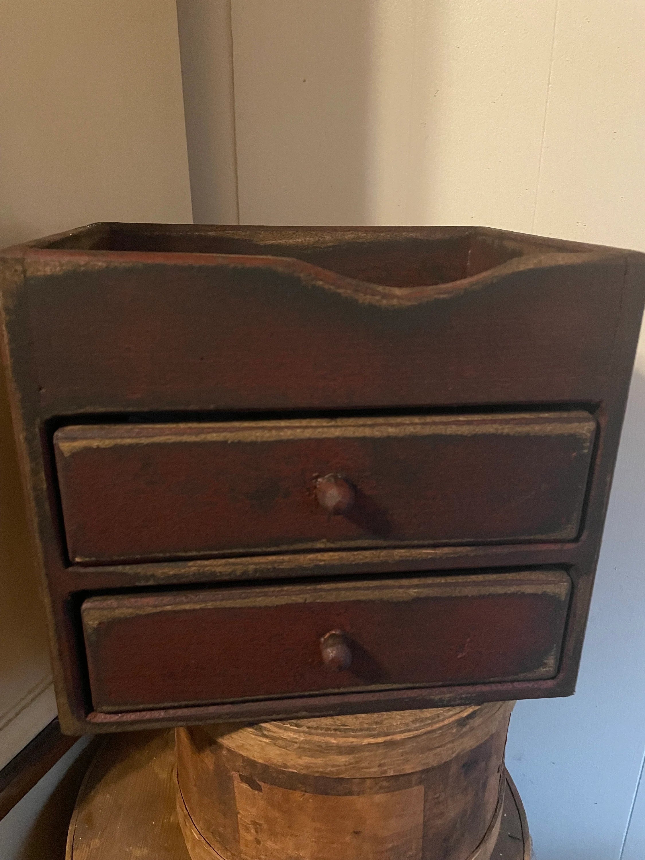 Primitive Wooden Two Drawer Cubby 10x9x8 Red Over Black