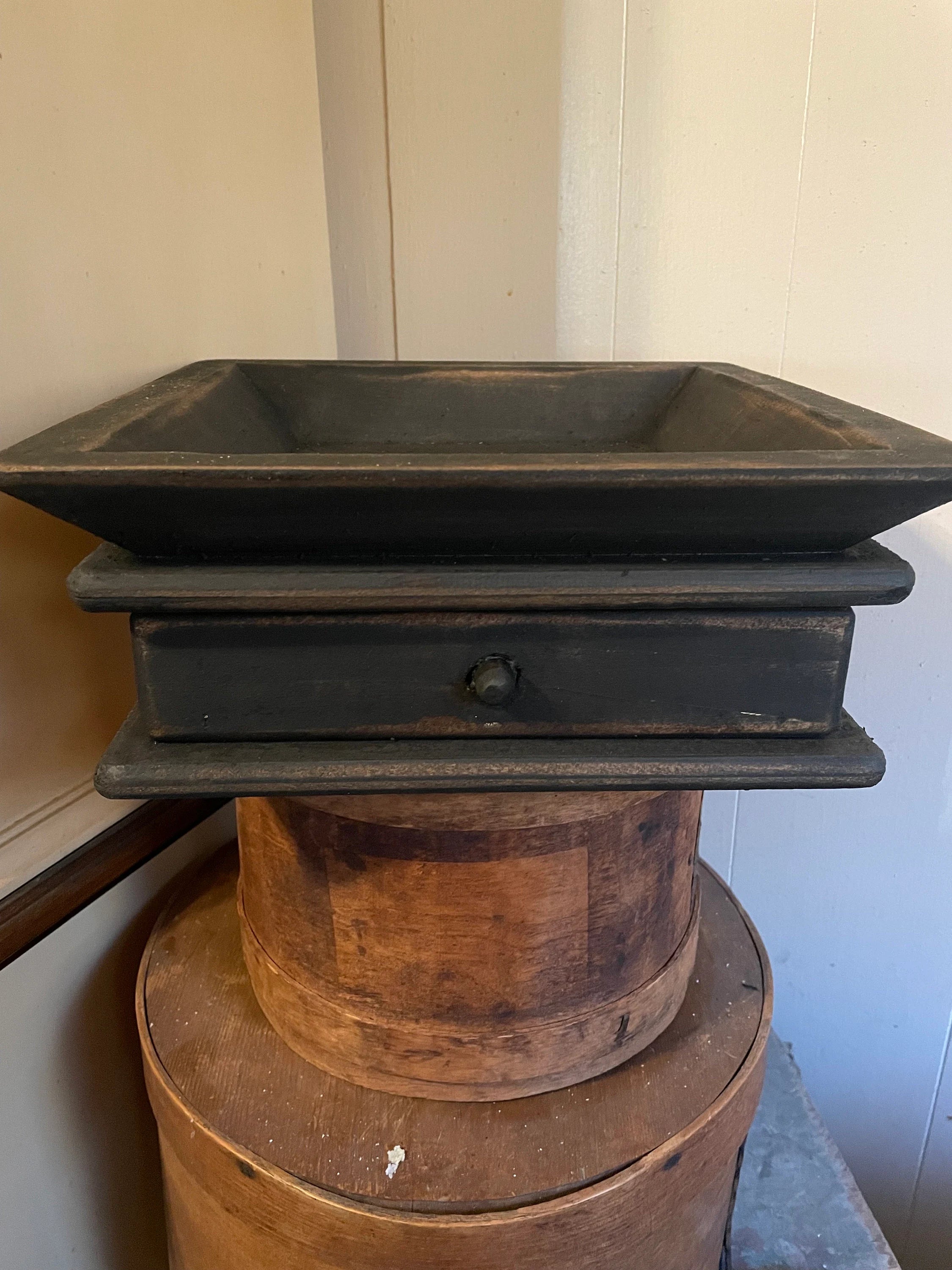 Primitive Wooden Tray with Drawer 12x12x4 Black Over Mustard