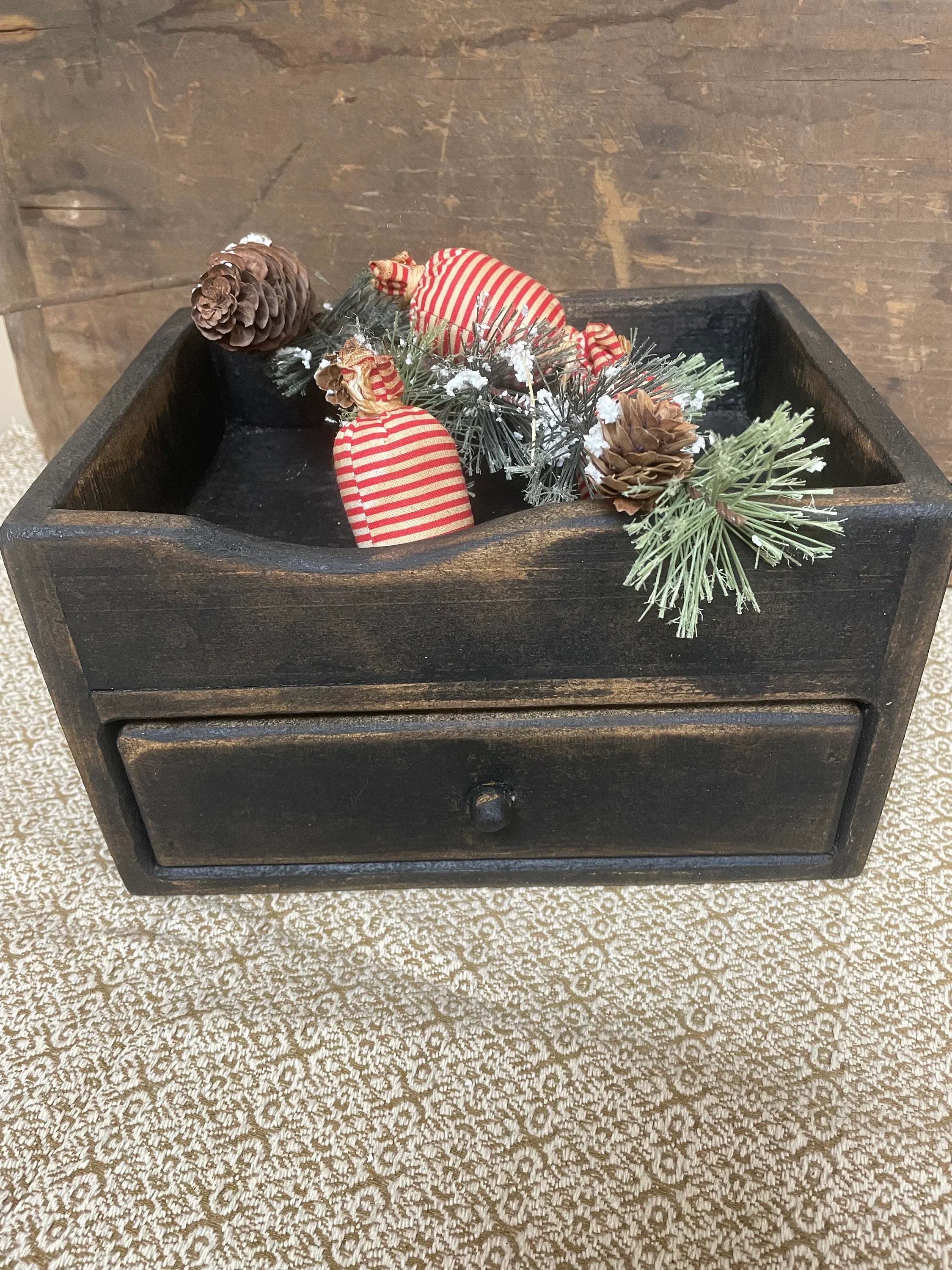 Primitive Wooden One Drawer Cubby 10x8x6 Black Over Mustard