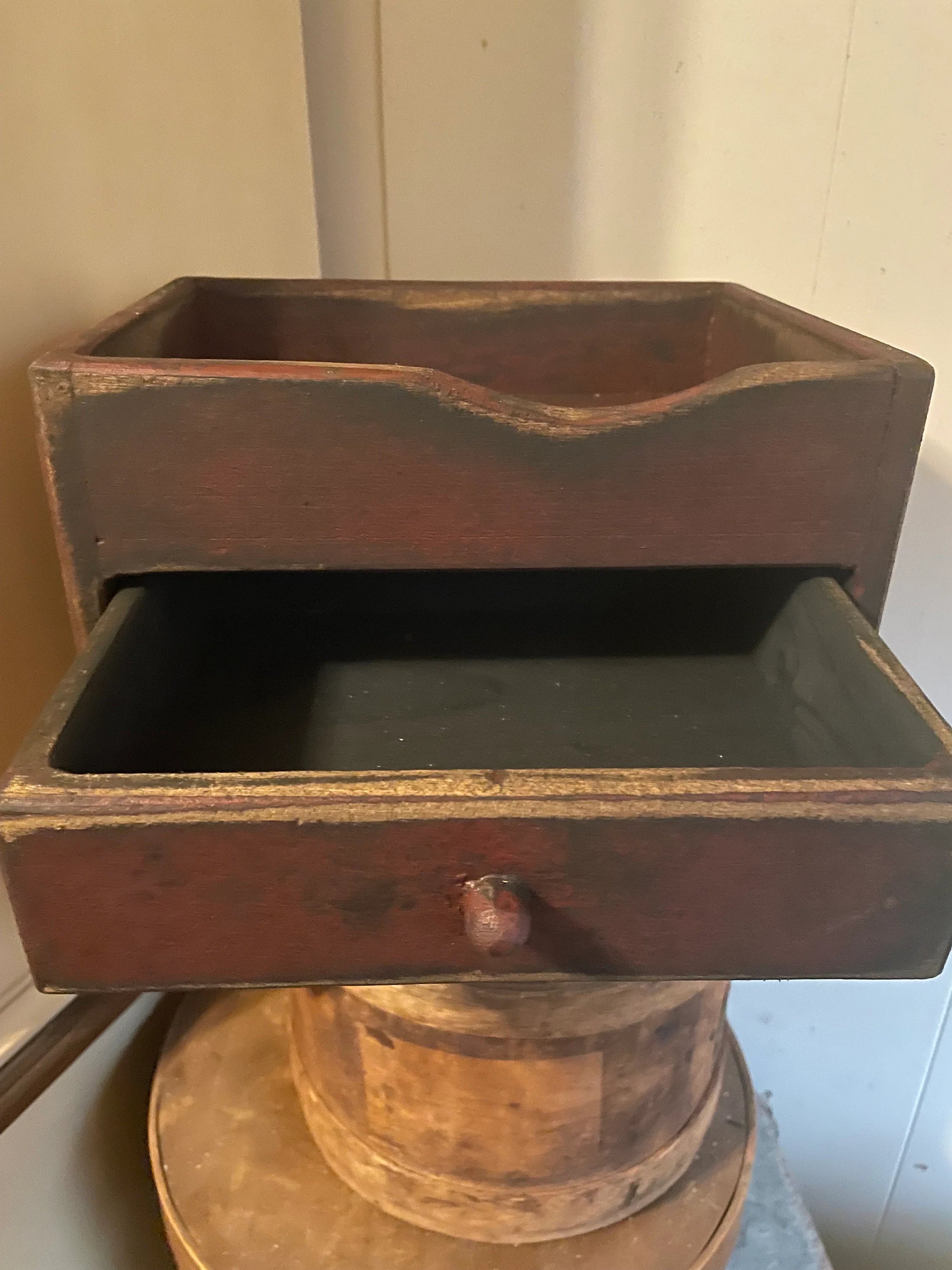 Primitive Wooden Two Drawer Cubby 10x9x8 Red Over Black