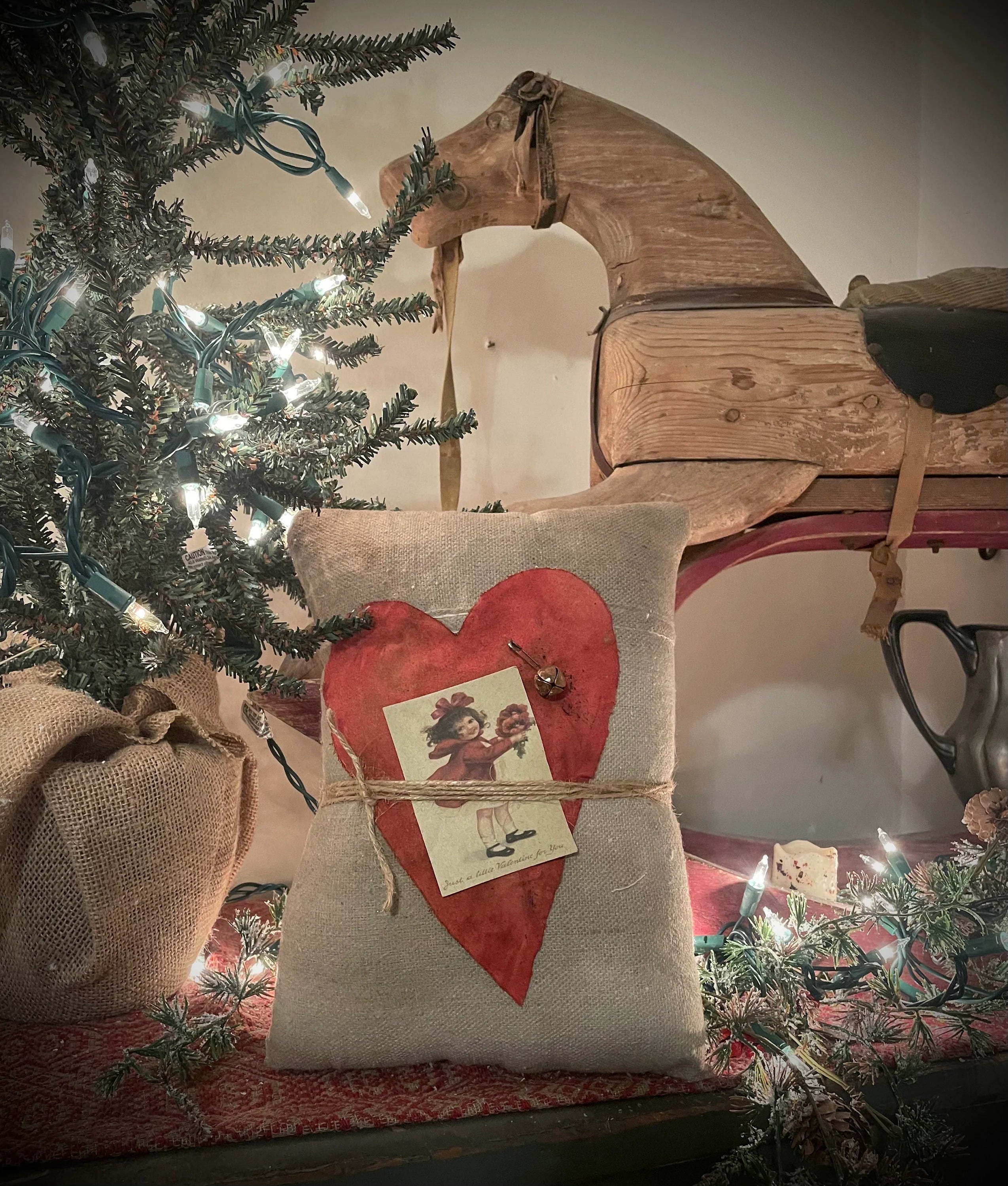 Primitive Handmade Grungy Small Valentines Feedsac Heart Pillow 11x8