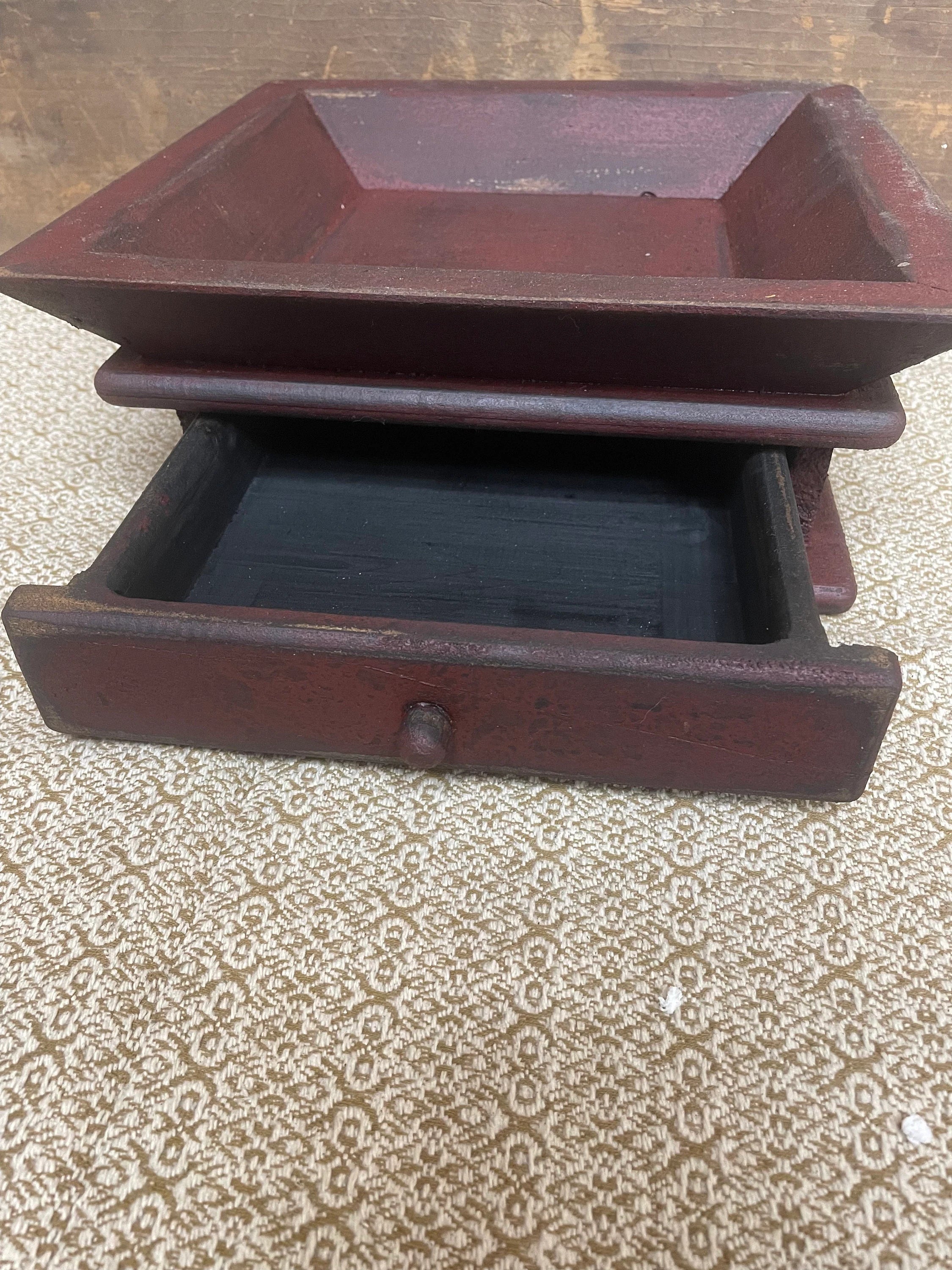 Primitive Wooden Tray with Drawer 12x12x4 Red Over Black