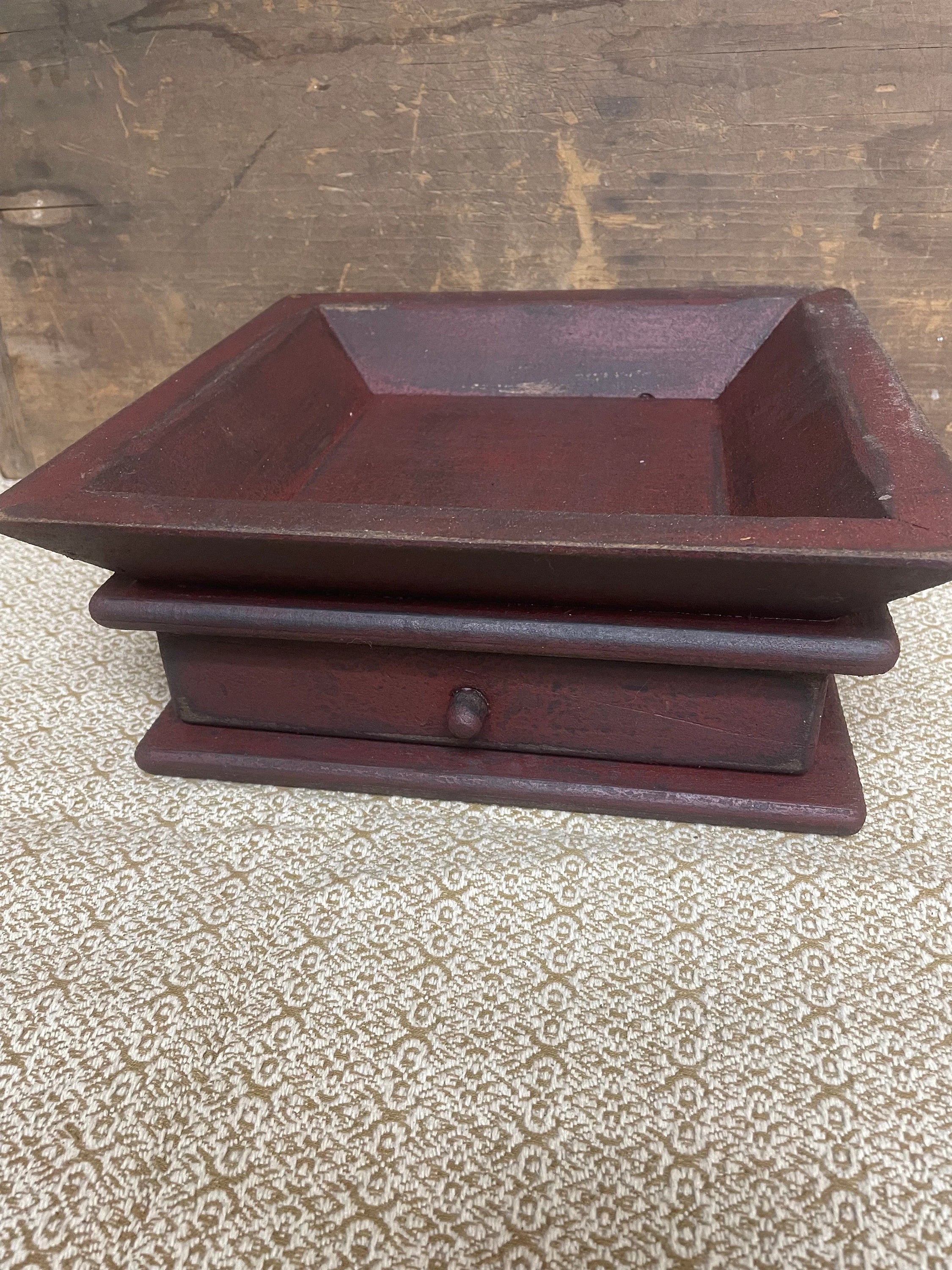 Primitive Wooden Tray with Drawer 12x12x4 Red Over Black