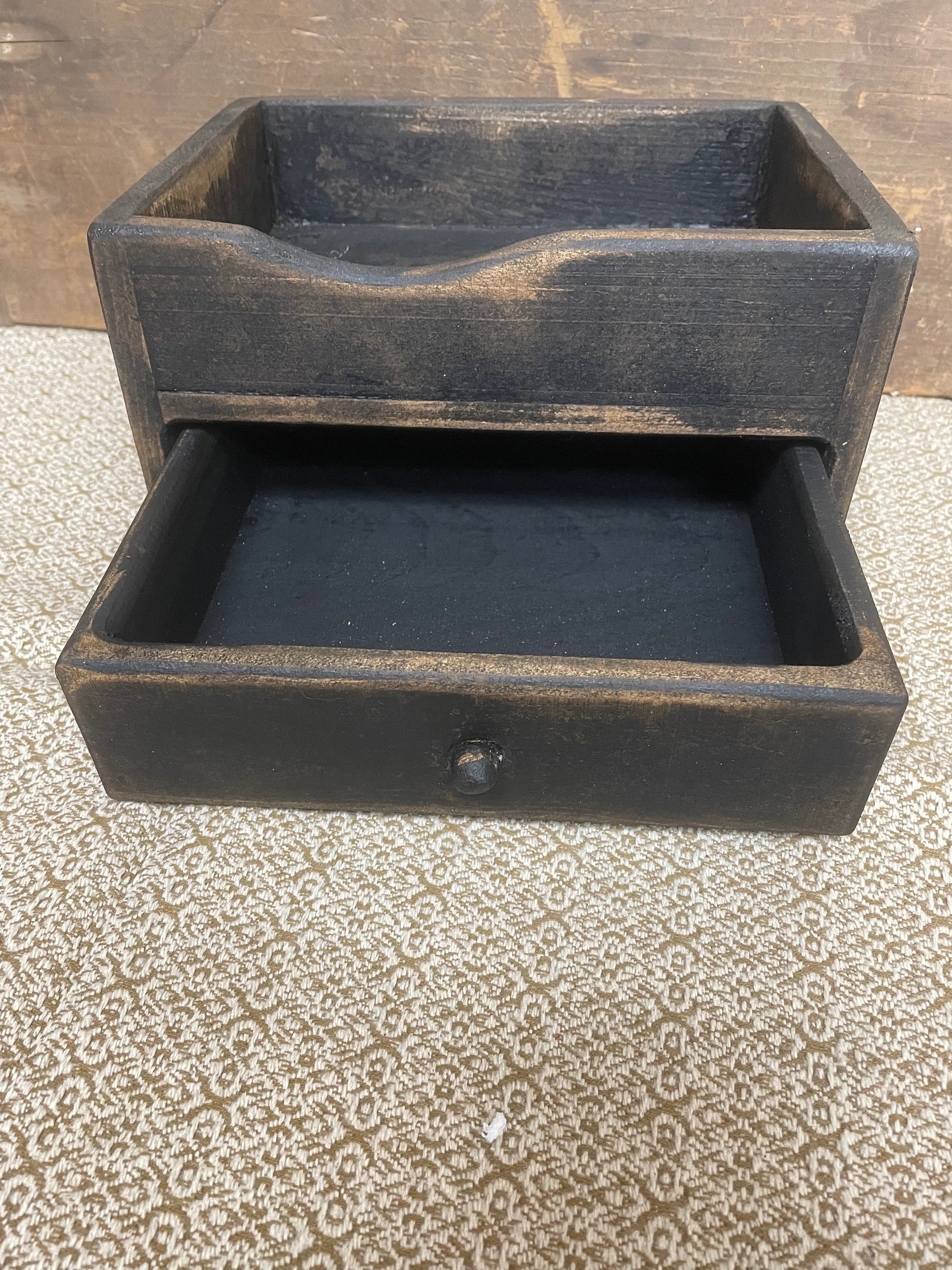 Primitive Wooden One Drawer Cubby 10x8x6 Black Over Mustard