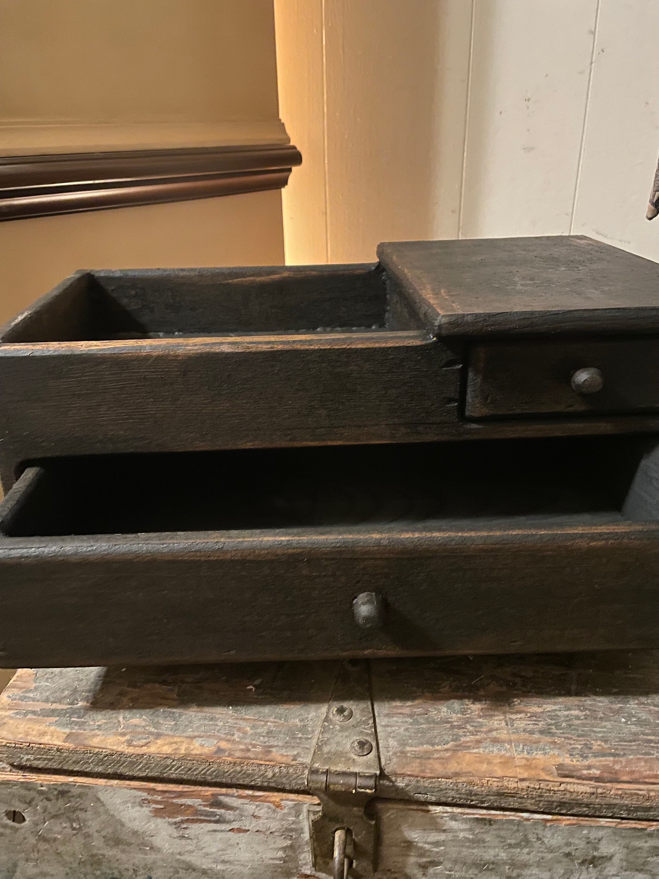 Primitive Wooden Mini Dry Sink with Drawer Black Over Mustard 14x8x7