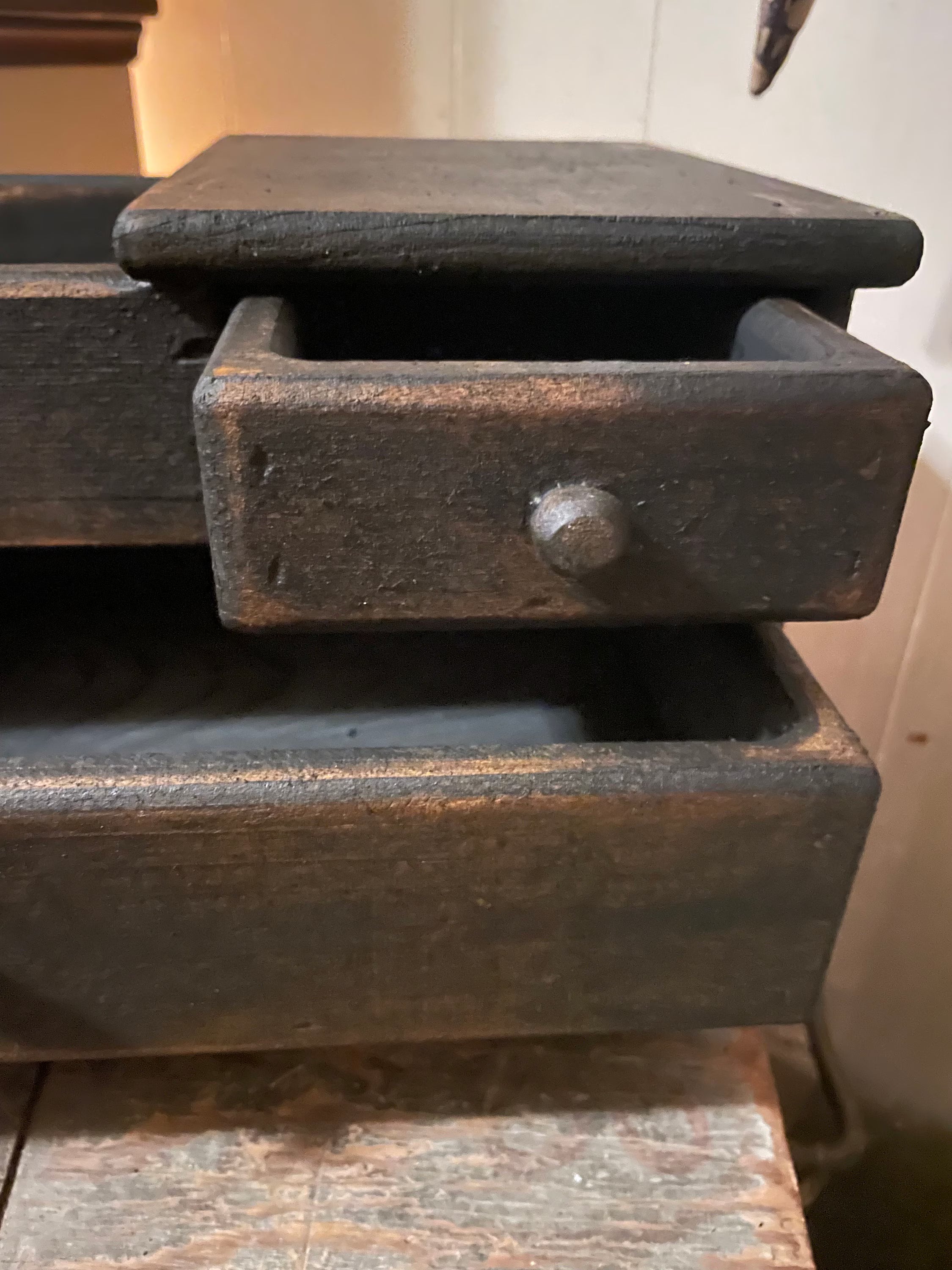 Primitive Wooden Mini Dry Sink with Drawer Black Over Mustard 14x8x7