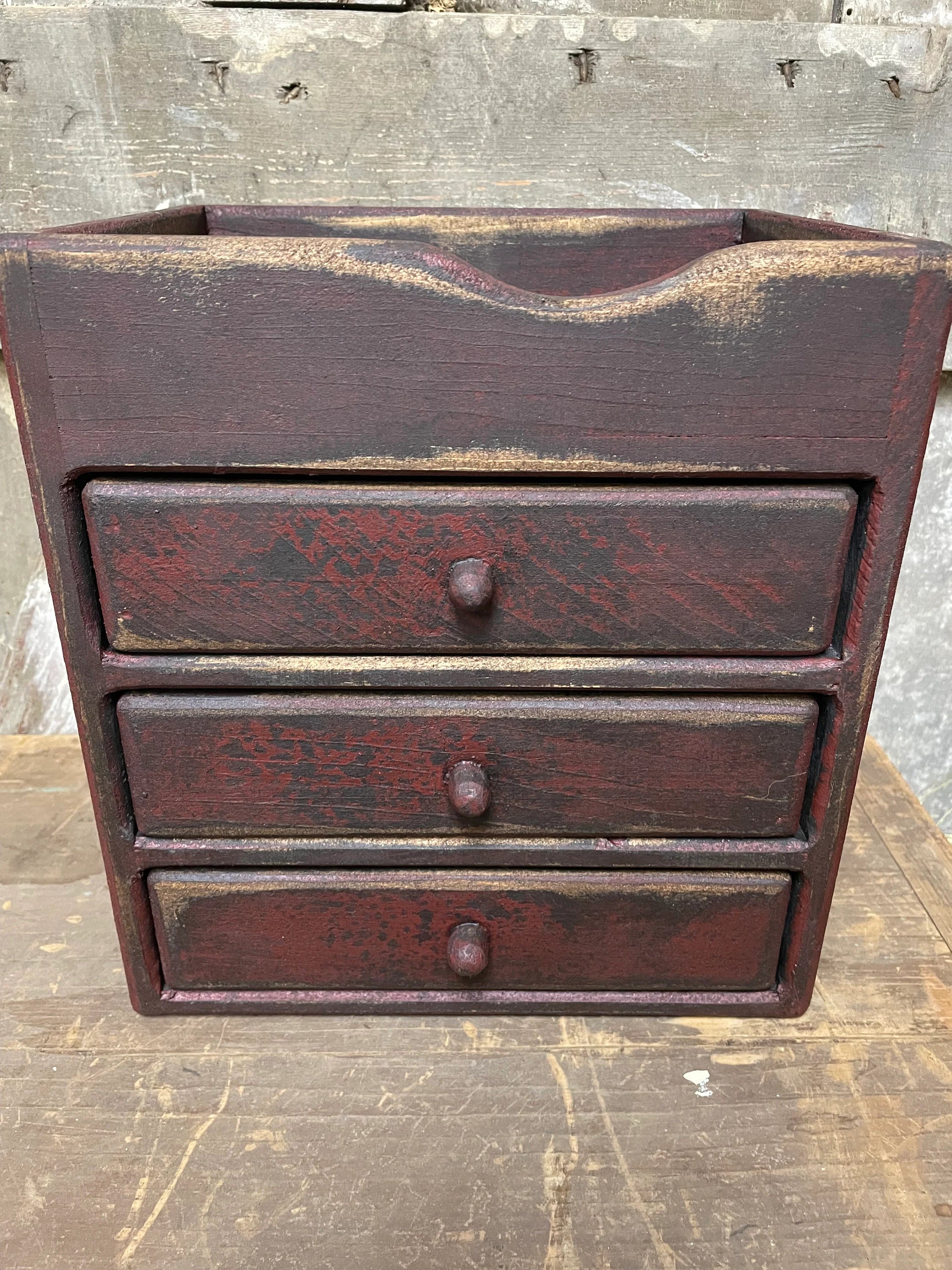 Primitive Wooden Three Drawer Cubby 11x10x8 Red Over Black