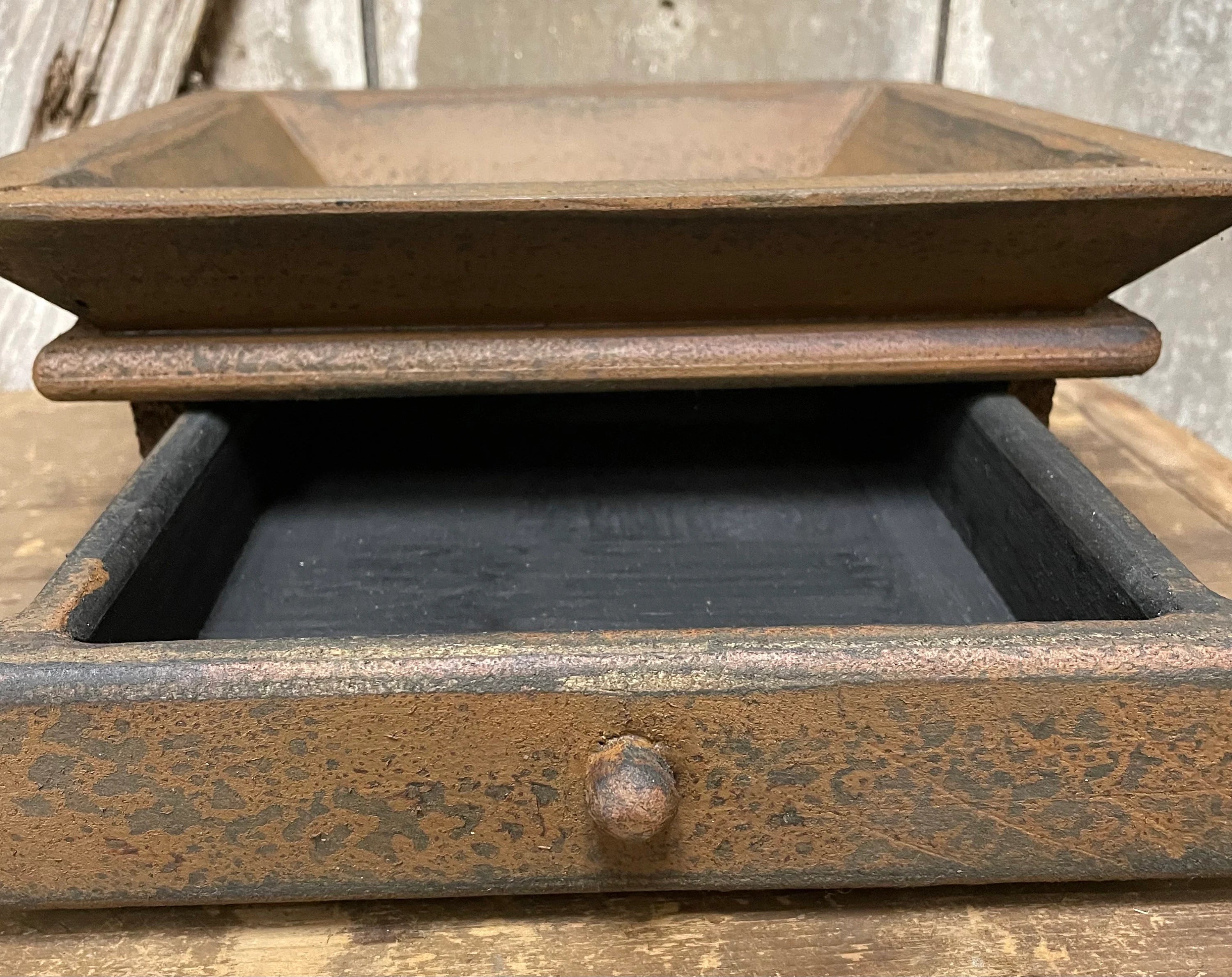 Primitive Wooden Tray with Drawer 12x12x4 Mustard Over Black