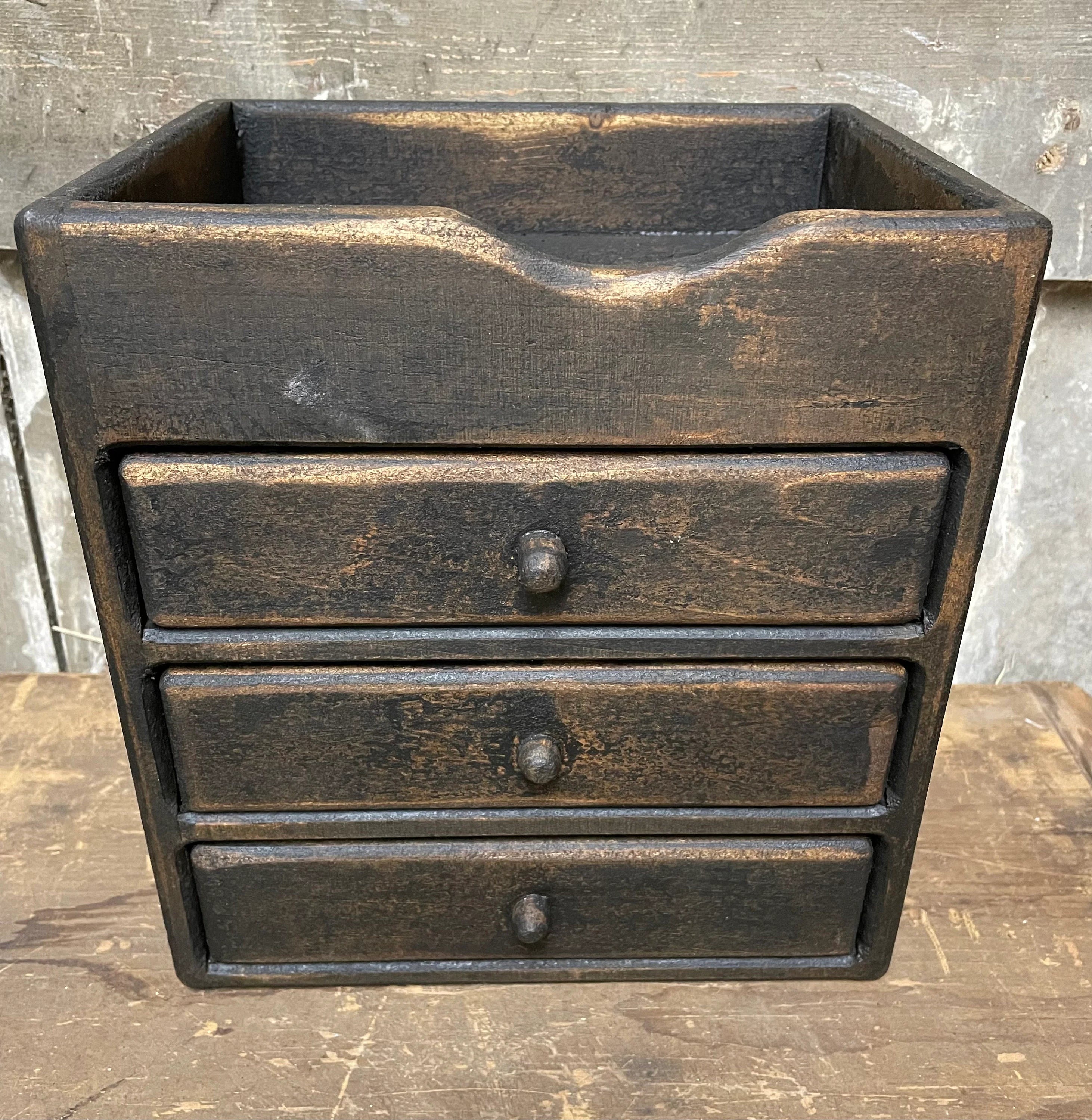Primitive Wooden Three Drawer Cubby 11x10x8 Black Over Mustard