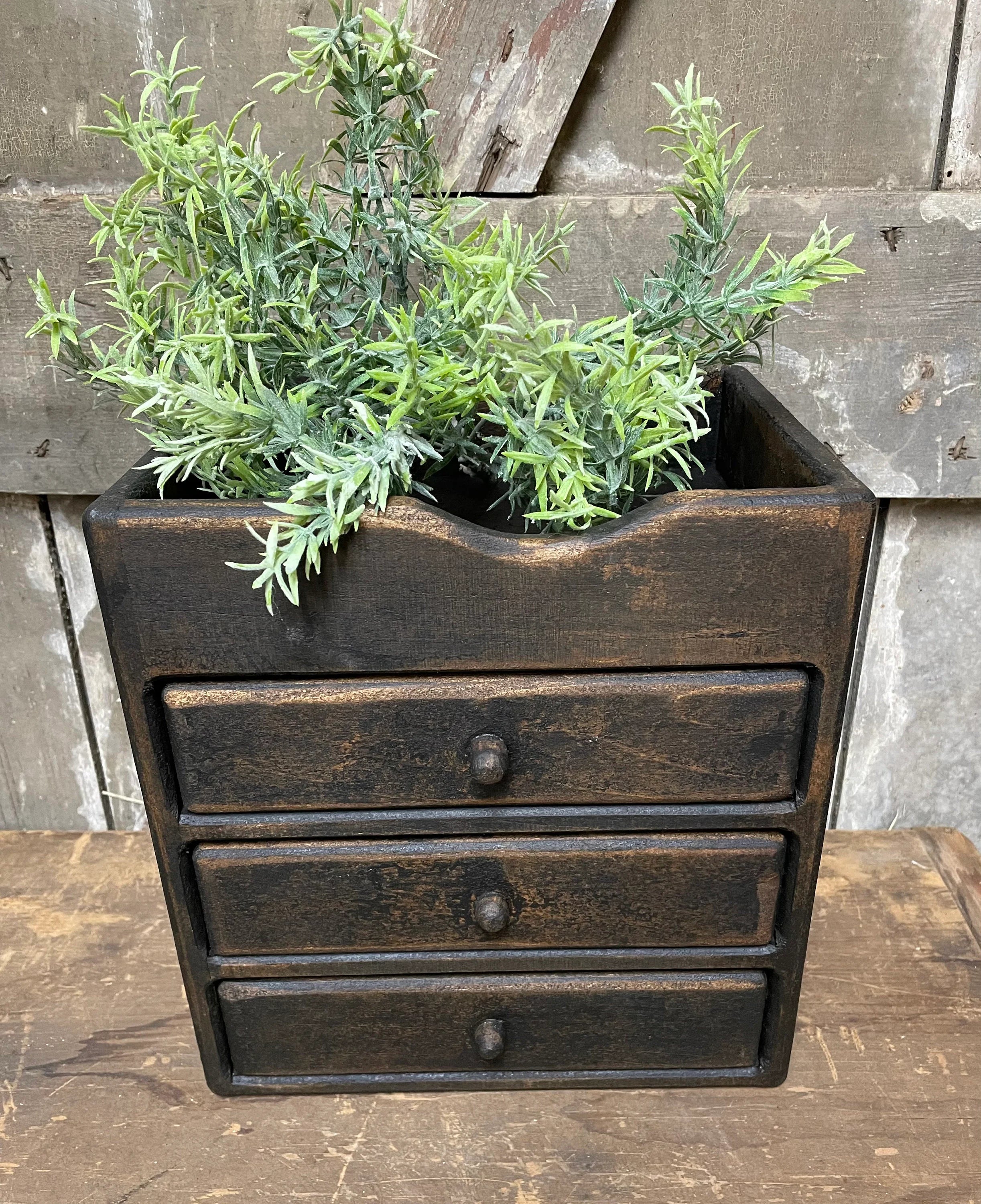 Primitive Wooden Three Drawer Cubby 11x10x8 Black Over Mustard