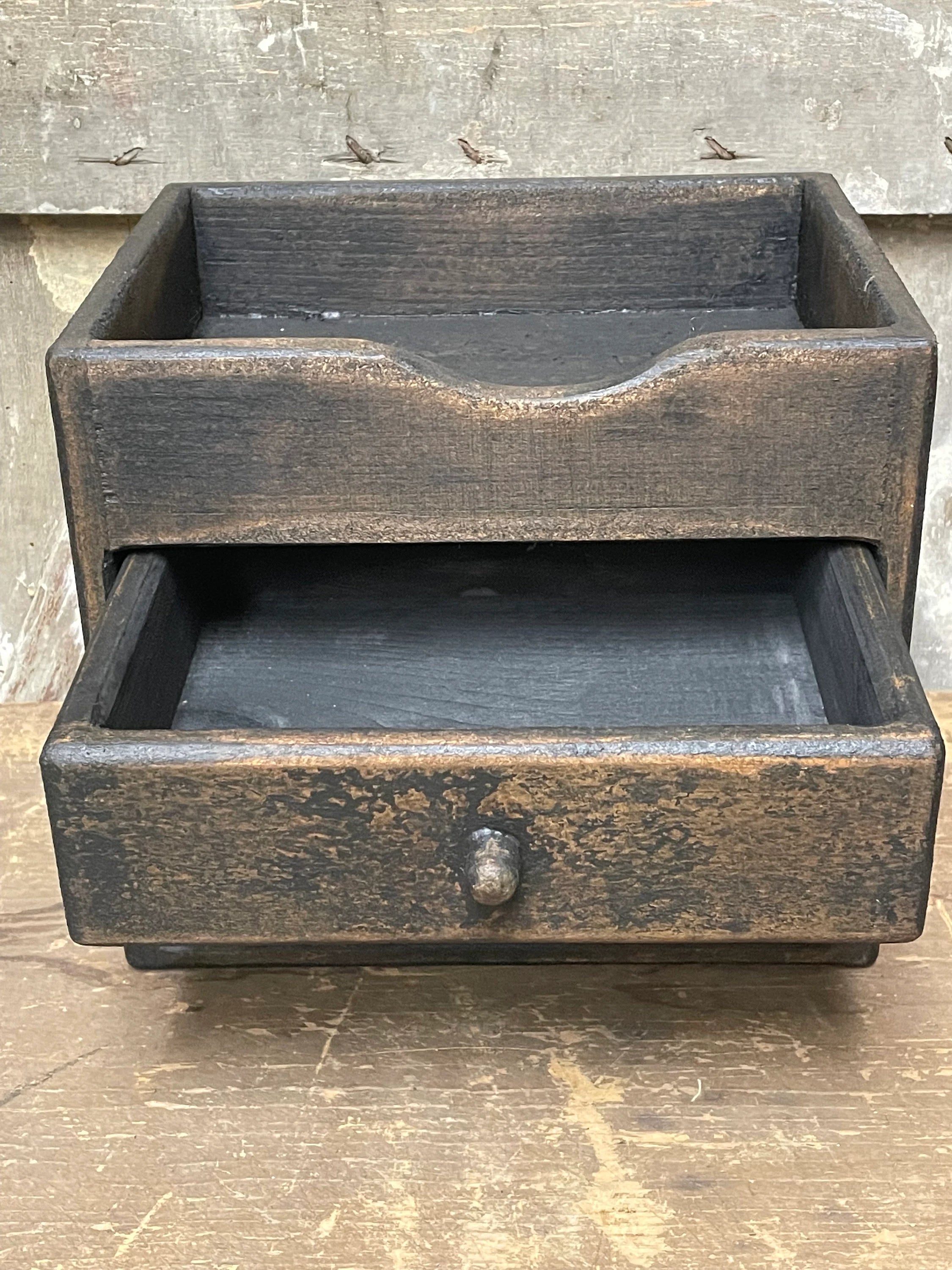 Primitive Wooden Two Drawer Cubby 10x9x8 Black Over Mustard