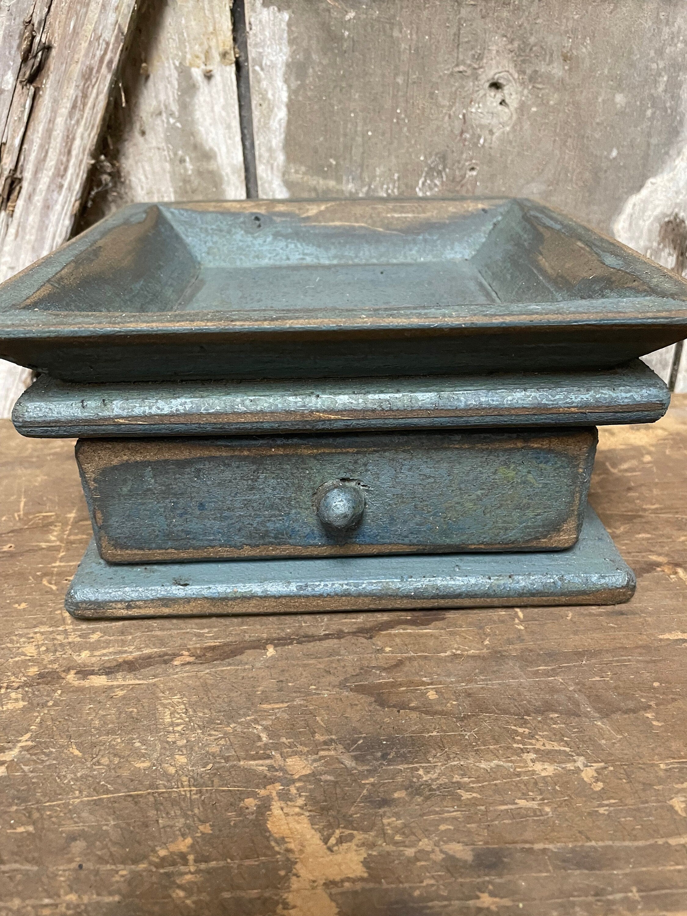 Primitive Wooden Tray with Drawer 8x8x4 Country Blue