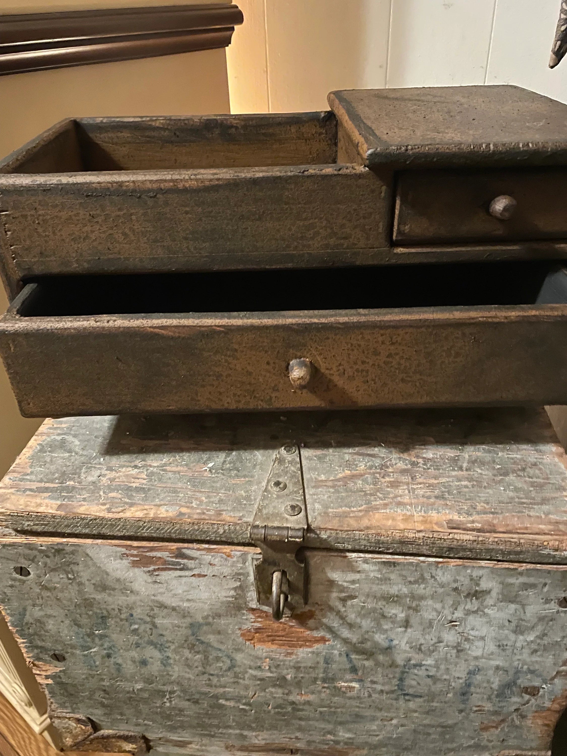 Primitive Wooden Mini Dry Sink with Drawer 14x8x7 Mustard Over Black