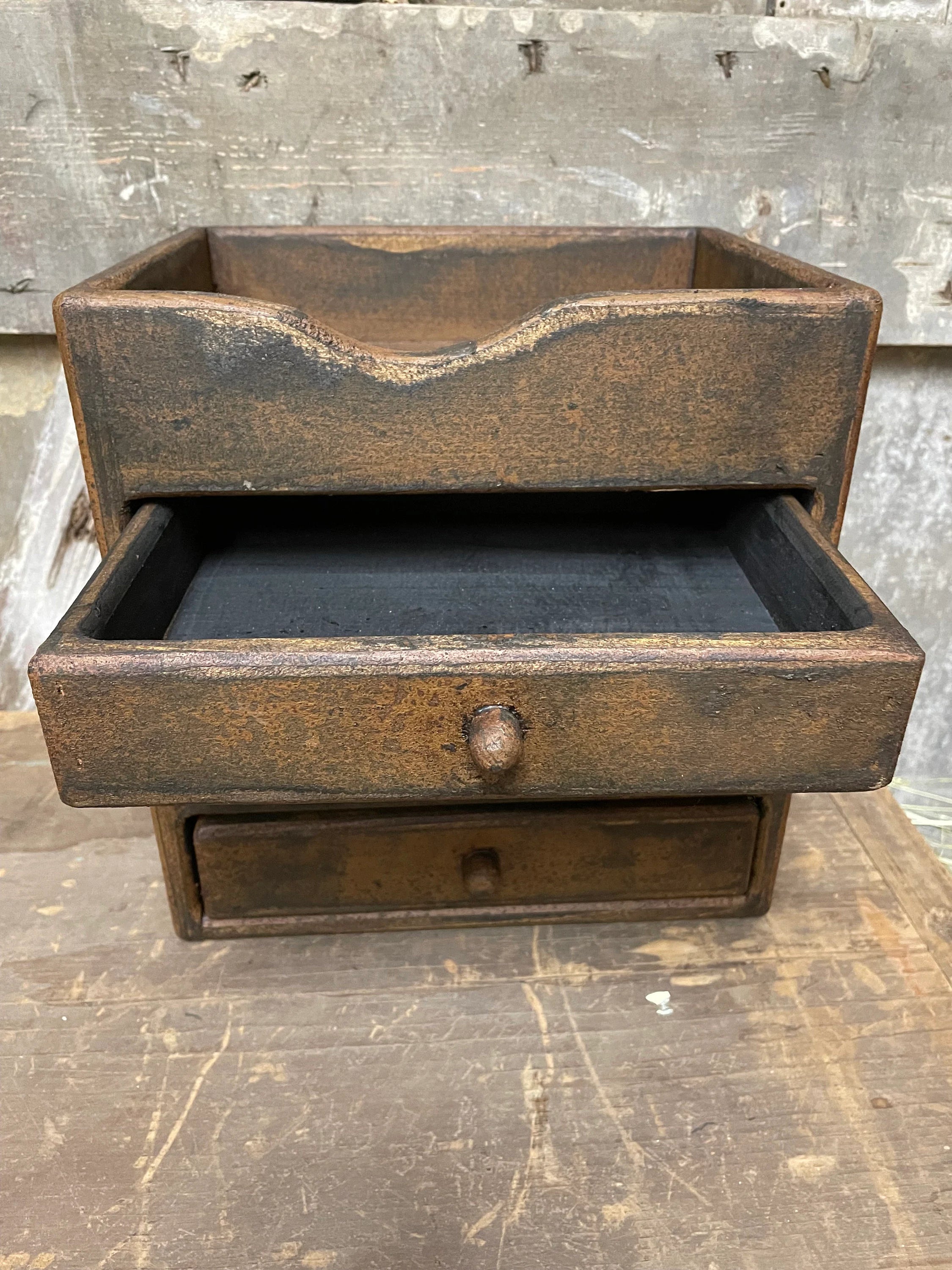 Primitive Wooden Three Drawer Cubby 11x10x8 Mustard Over Black