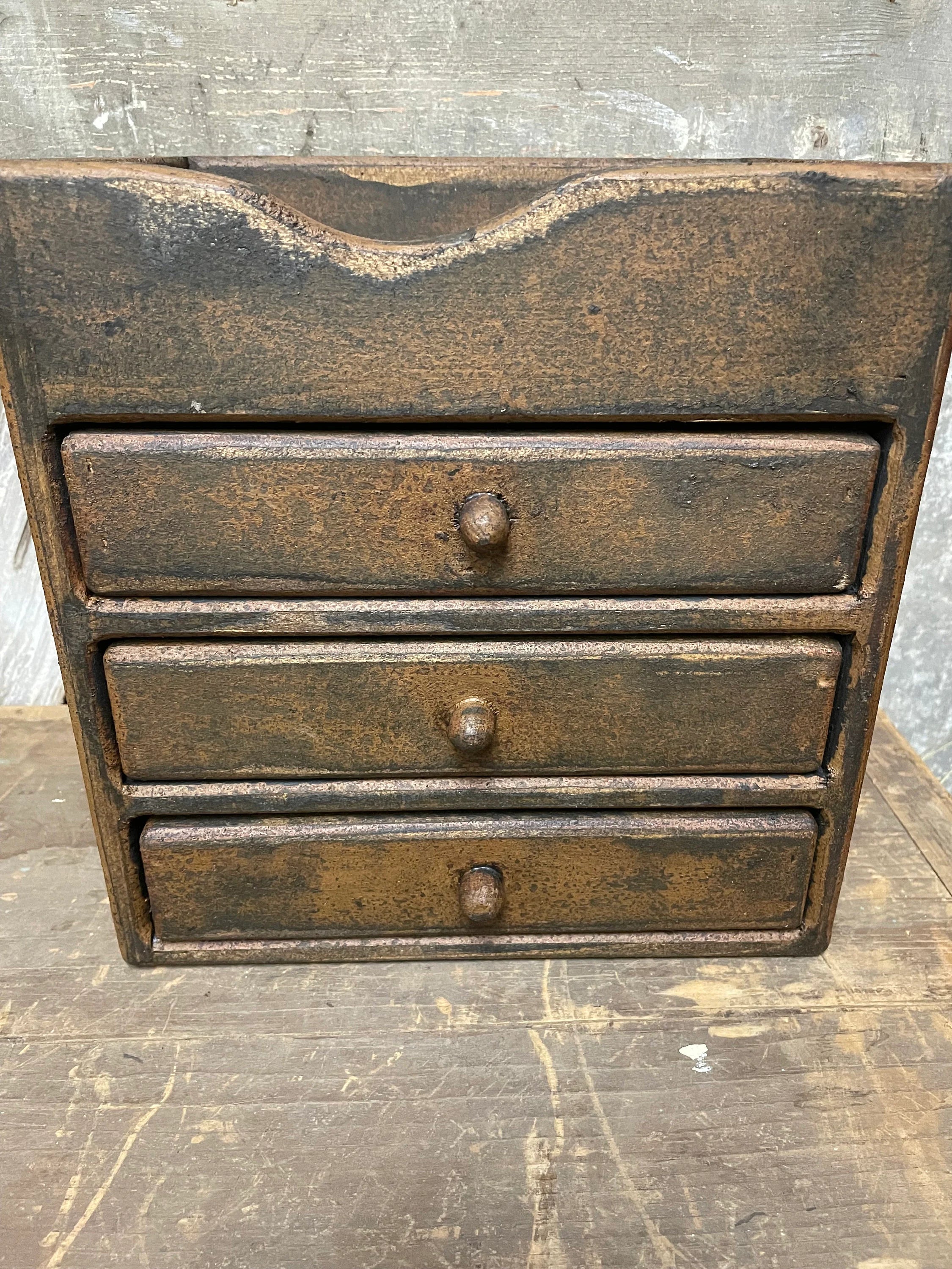 Primitive Wooden Three Drawer Cubby 11x10x8 Mustard Over Black