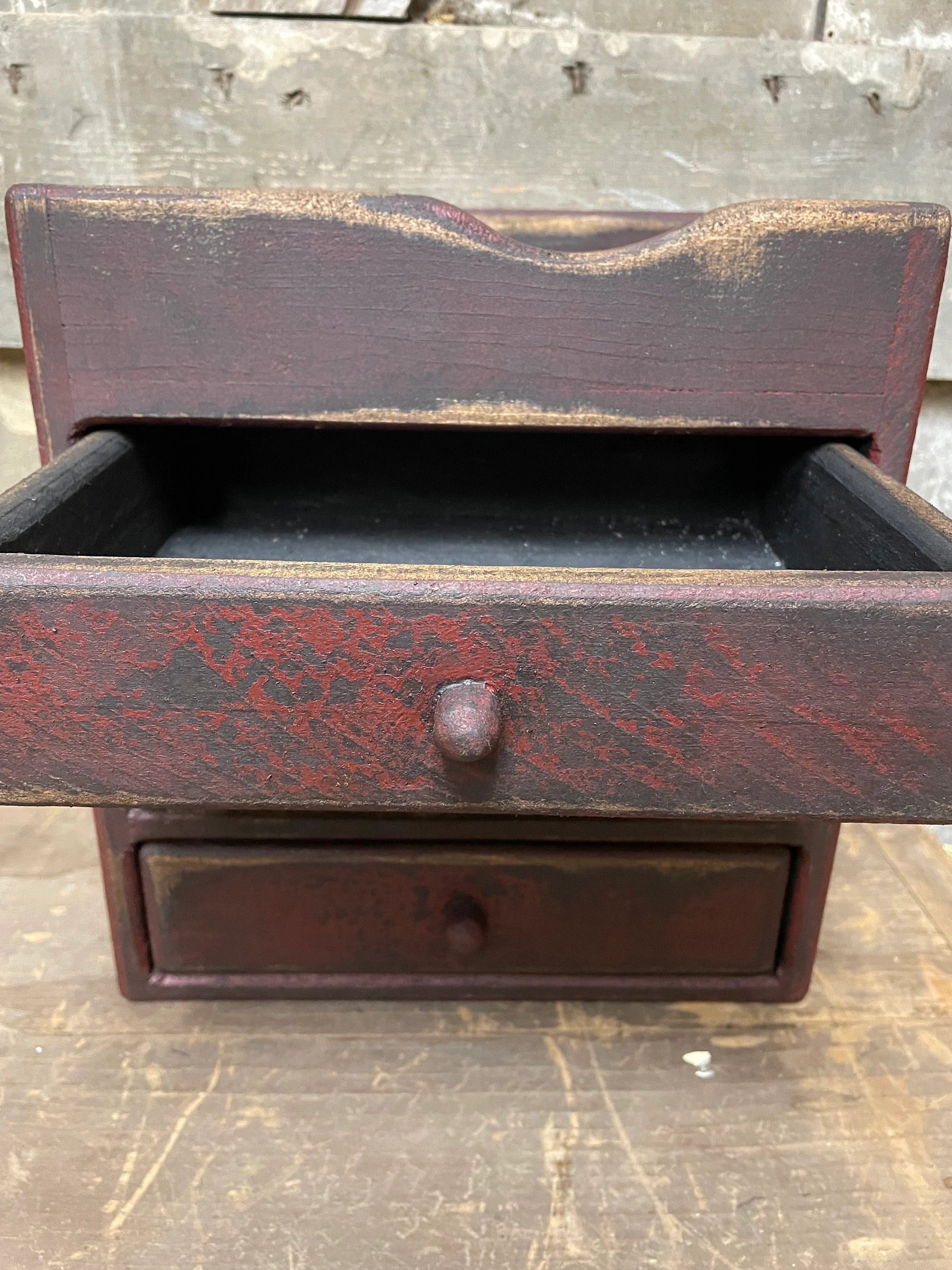 Primitive Wooden Three Drawer Cubby 11x10x8 Red Over Black