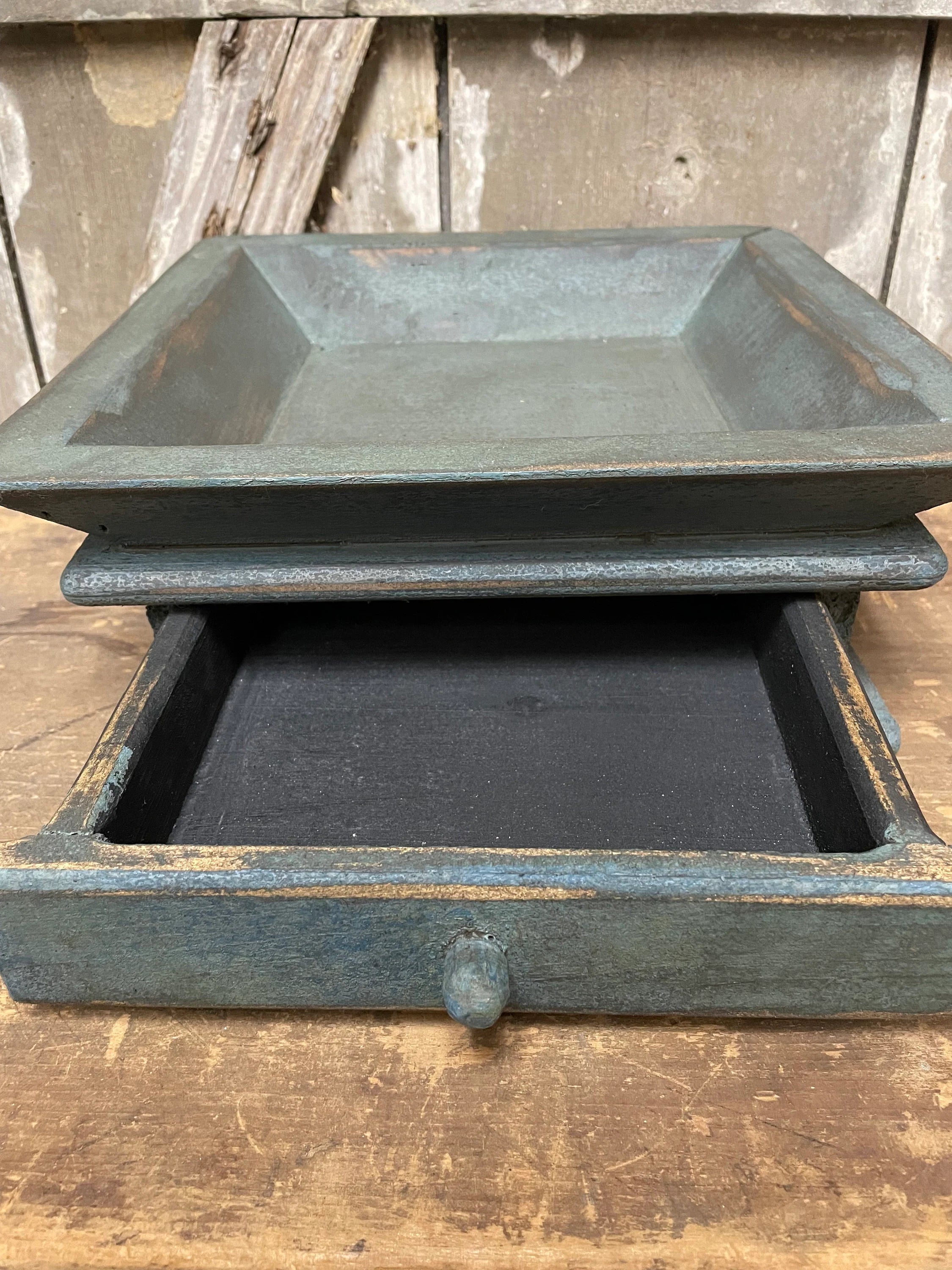 Primitive Wooden Tray with Drawer 12x12x4 Country Blue