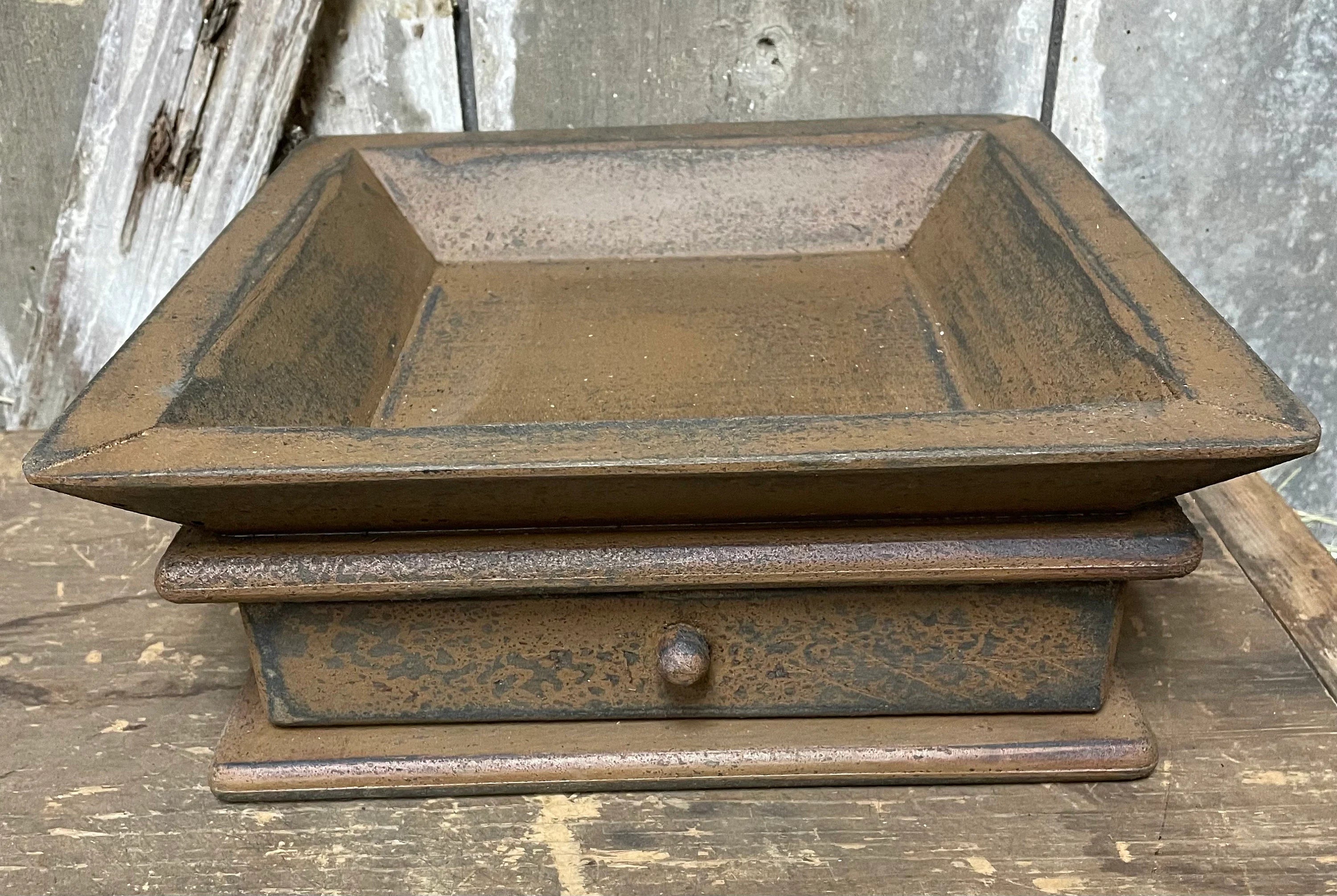 Primitive Wooden Tray with Drawer 12x12x4 Mustard Over Black