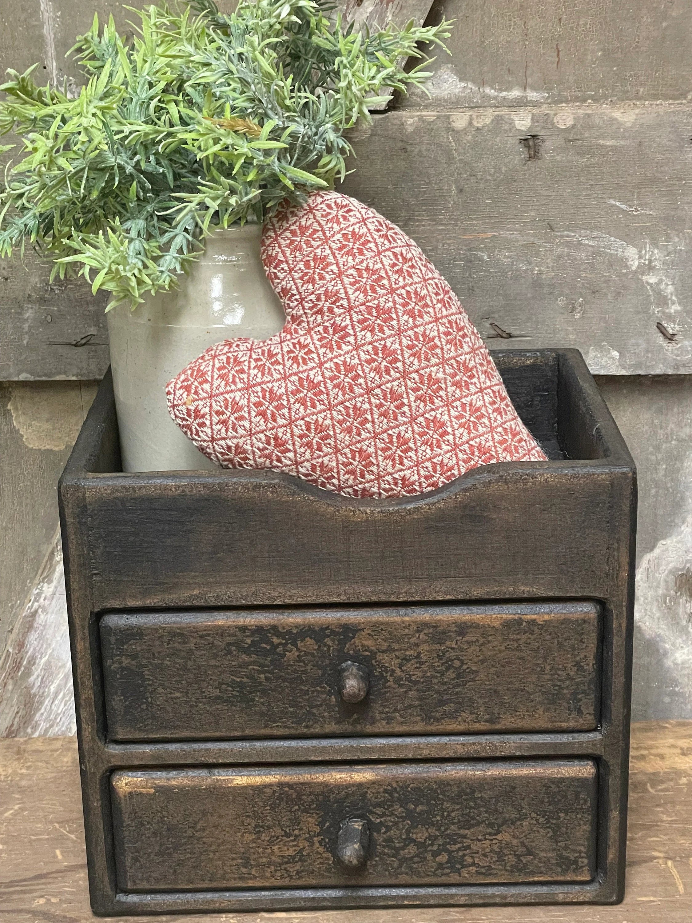 Primitive Wooden Two Drawer Cubby 10x9x8 Black Over Mustard