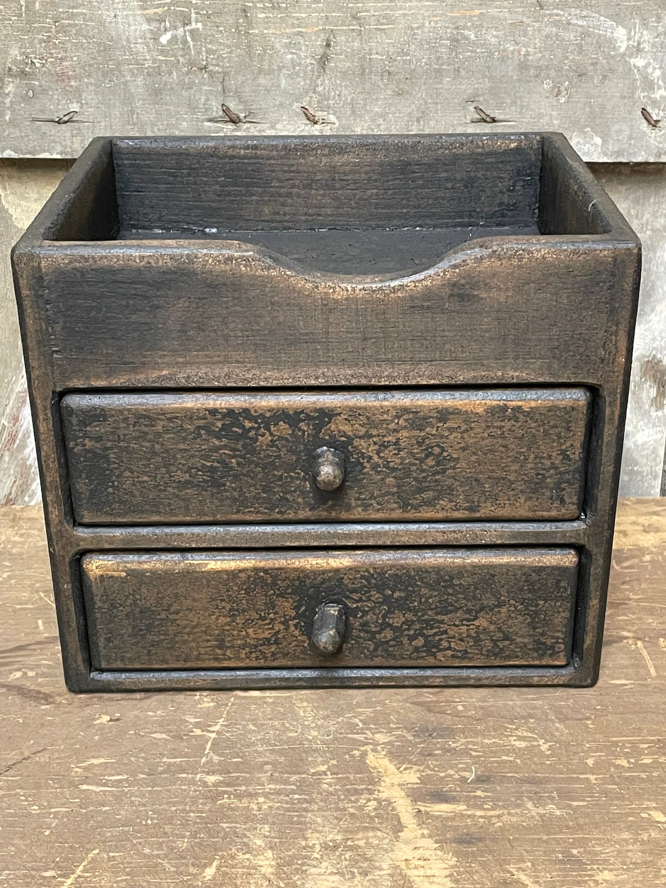 Primitive Wooden Two Drawer Cubby 10x9x8 Black Over Mustard