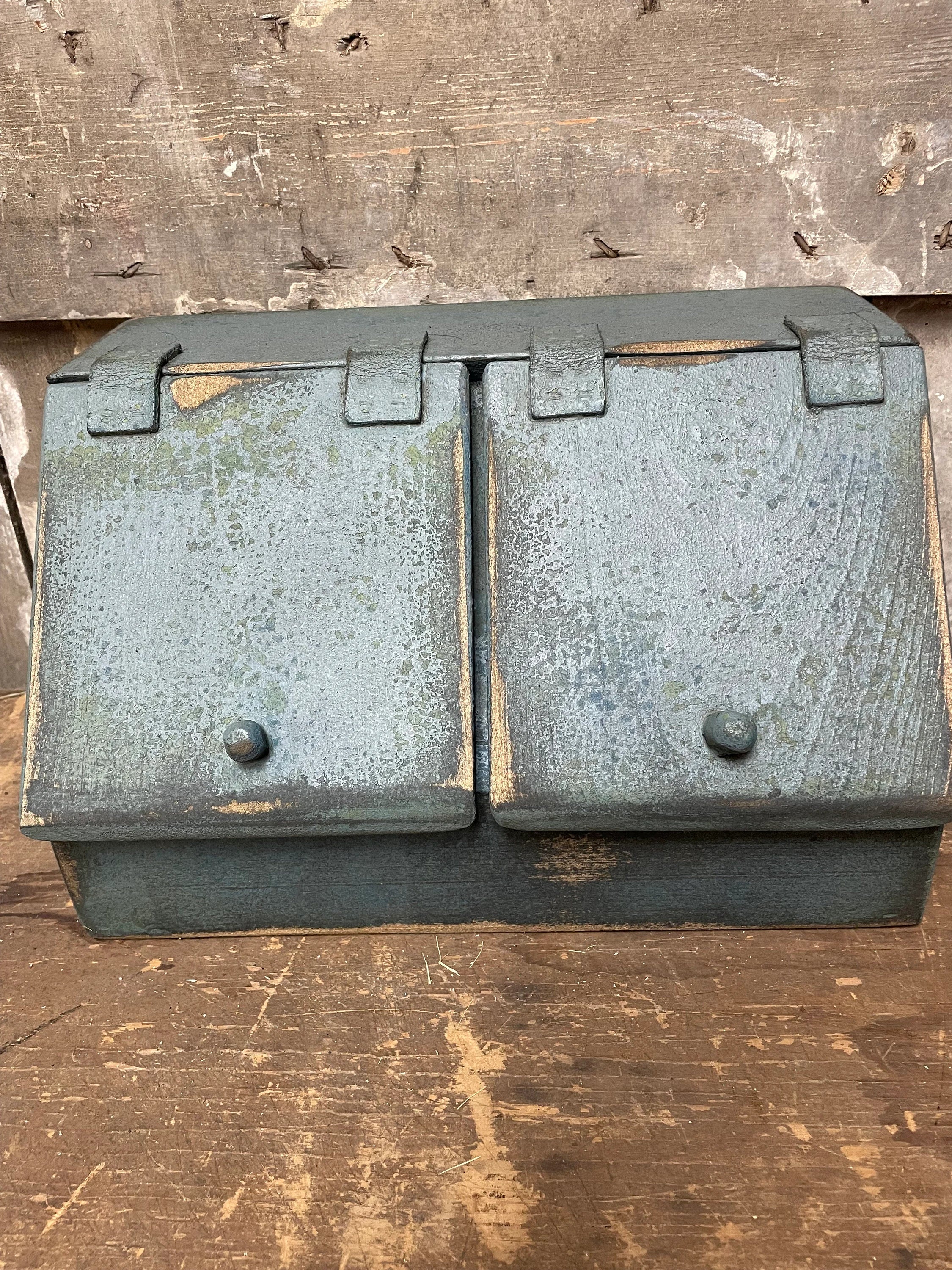 Primitive Wooden Two Bin With Doors 8x15x9 Country Blue