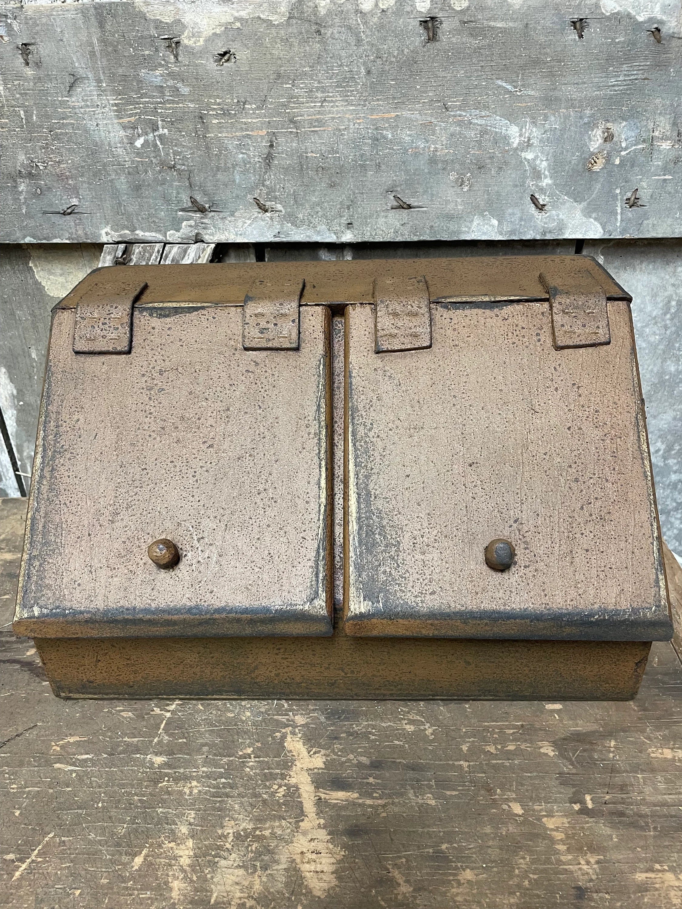 Primitive Wooden Two Bin With Doors 8x15x9 Mustard