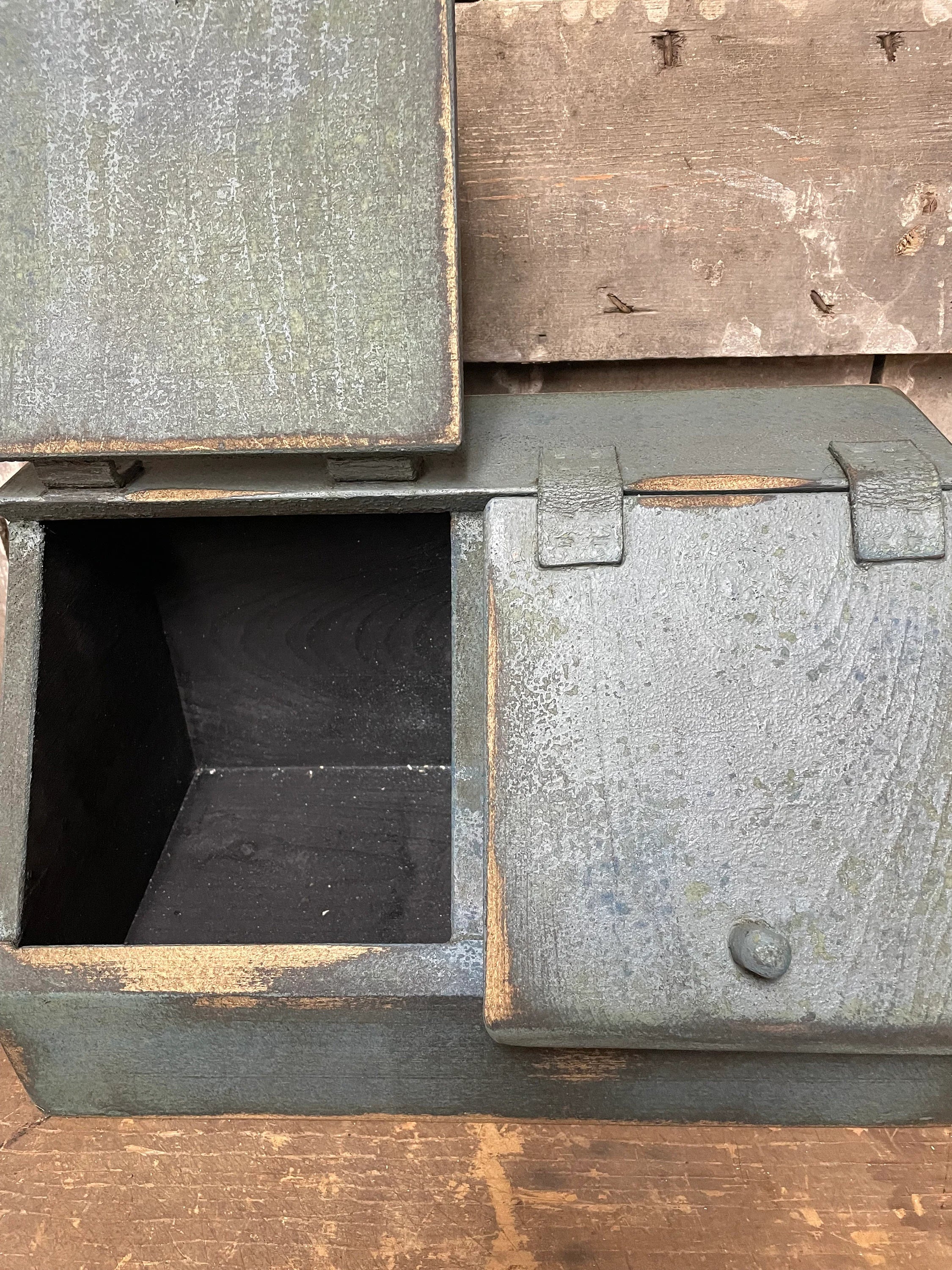 Primitive Wooden Two Bin With Doors 8x15x9 Country Blue