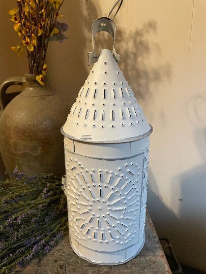 Primitive Punch Tin Lantern 15x6 White