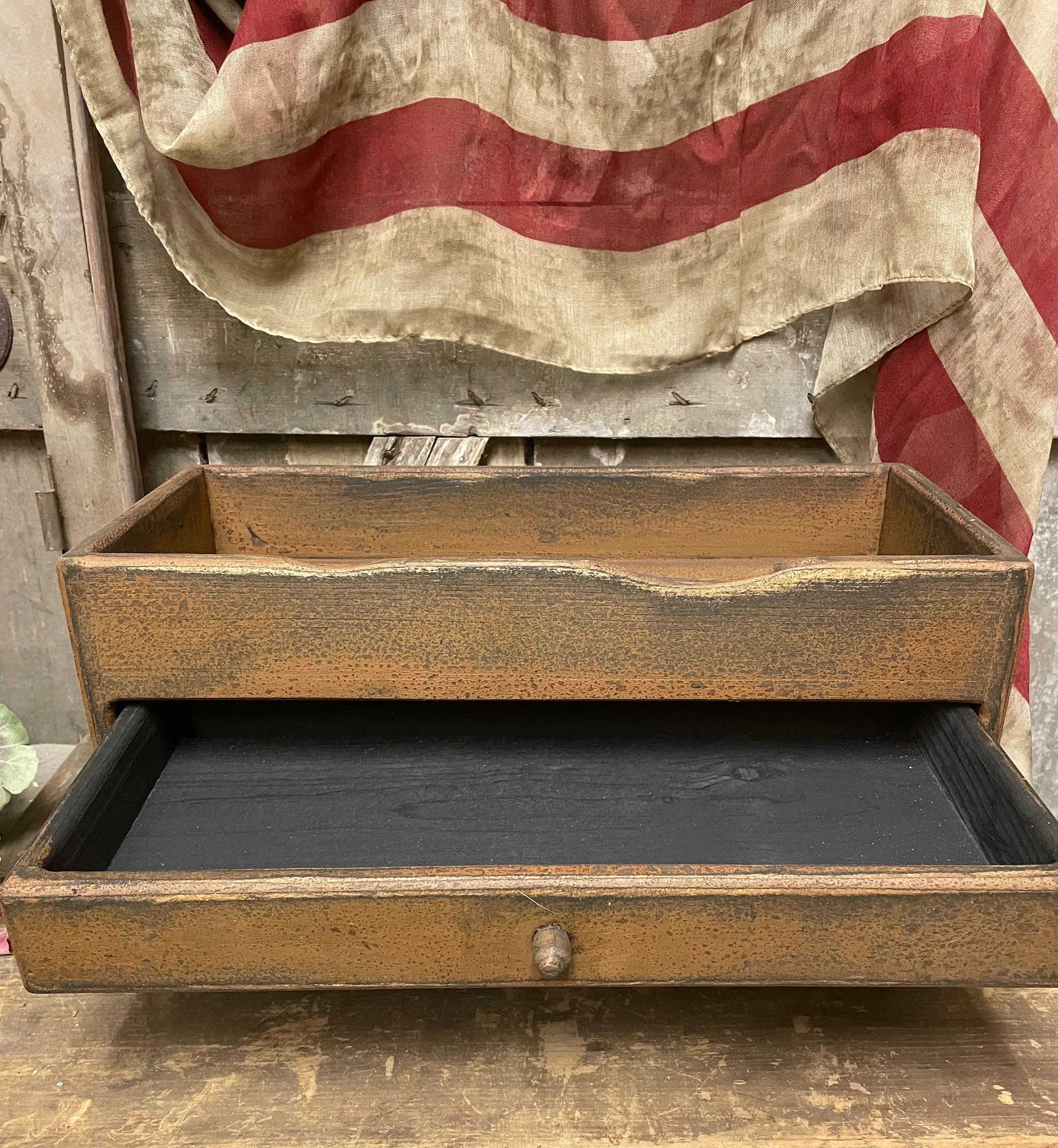 Primitive Wooden Two Drawer Trencher 17x8x8 Mustard