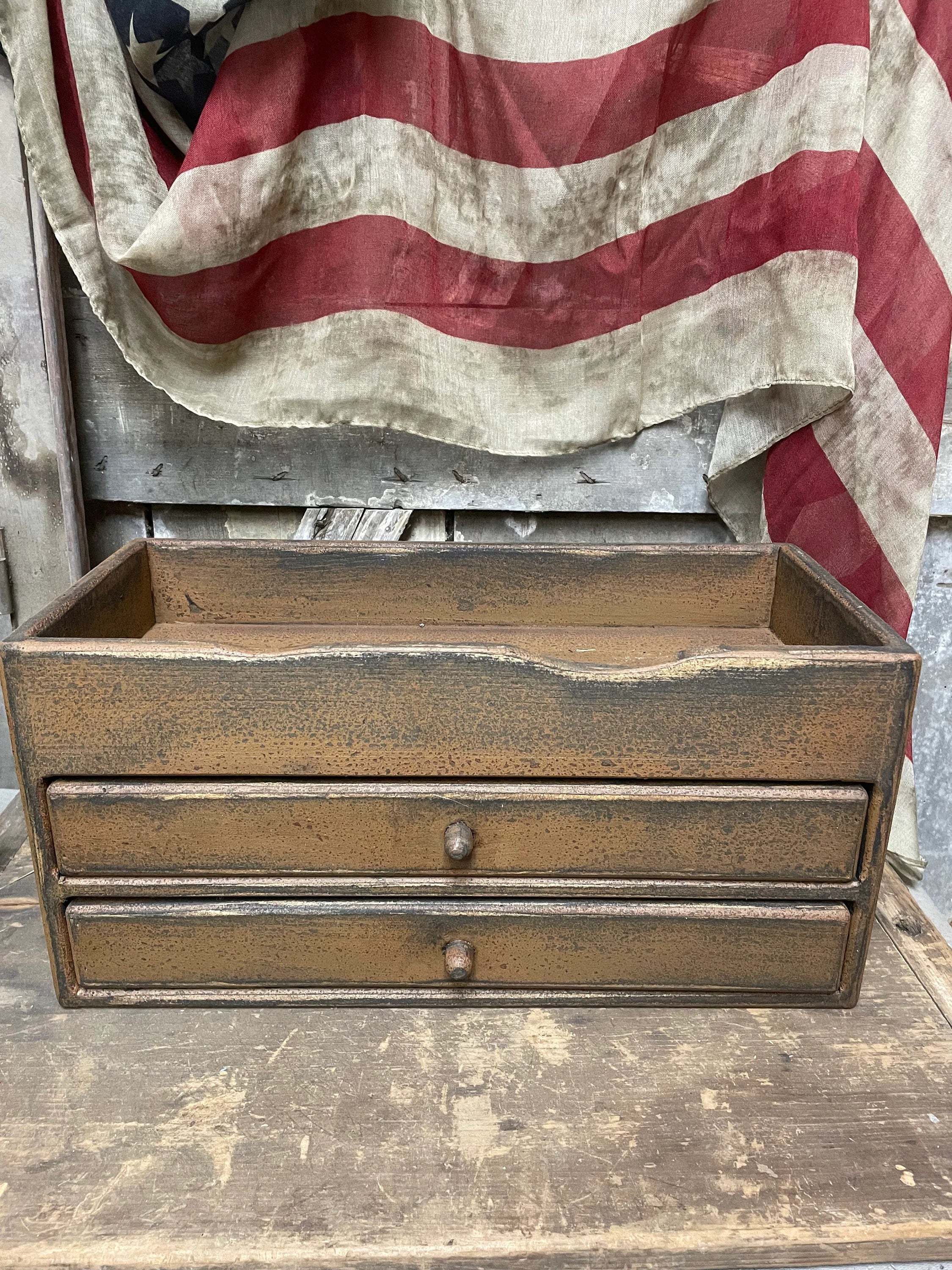 Primitive Wooden Two Drawer Trencher 17x8x8 Mustard