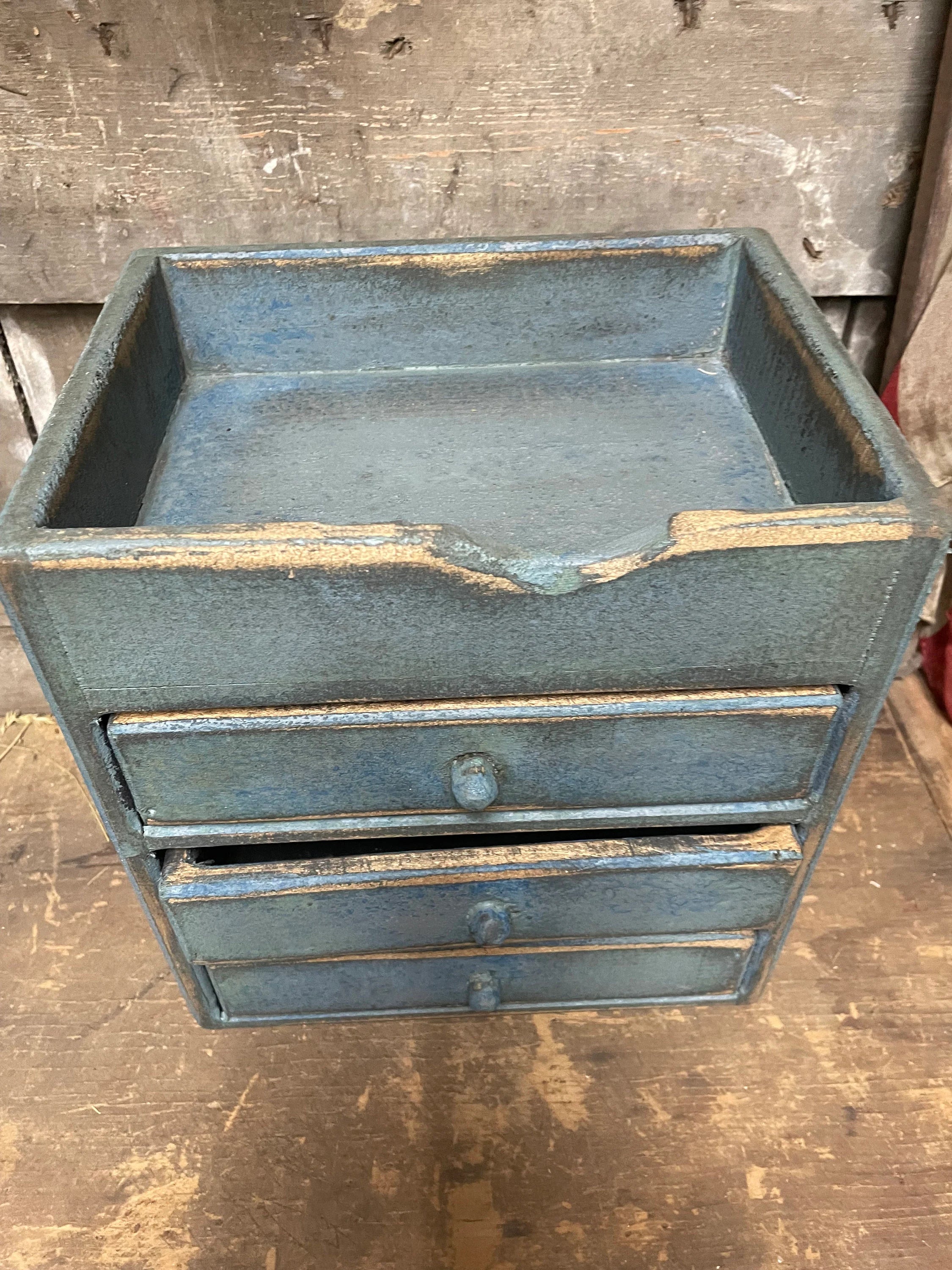 Primitive Wooden Three Drawer Cubby 11x10x8 Country Blue
