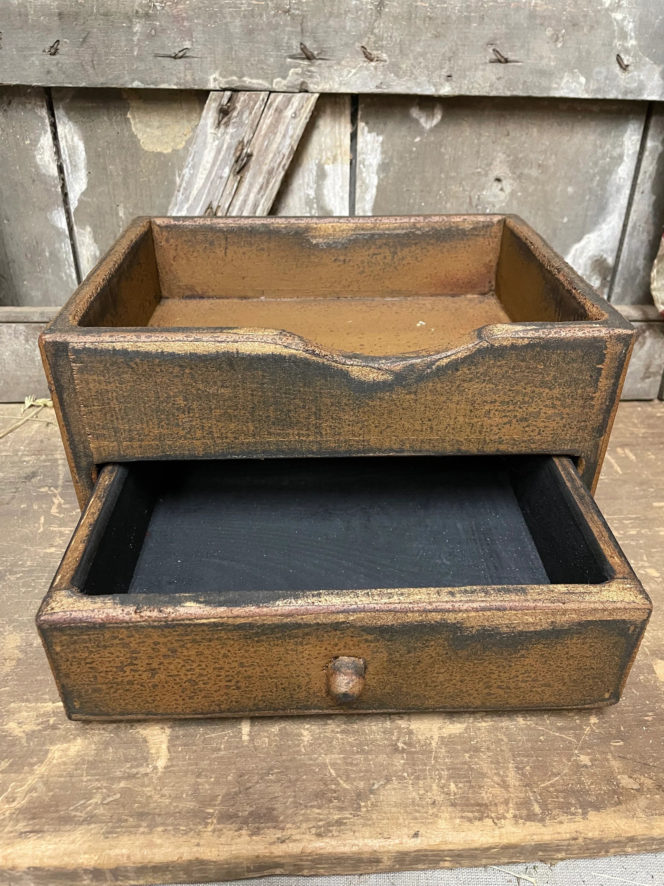 Primitive Wooden One Drawer Cubby 10x8x6 Mustard Over Black