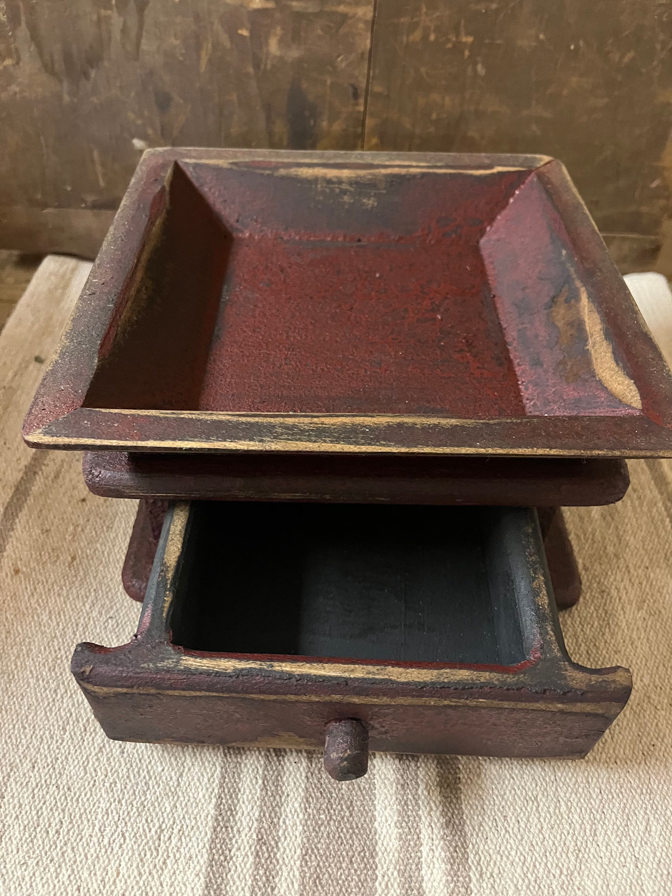 Primitive Wooden Tray with Drawer 8x8x4 Red Over Black