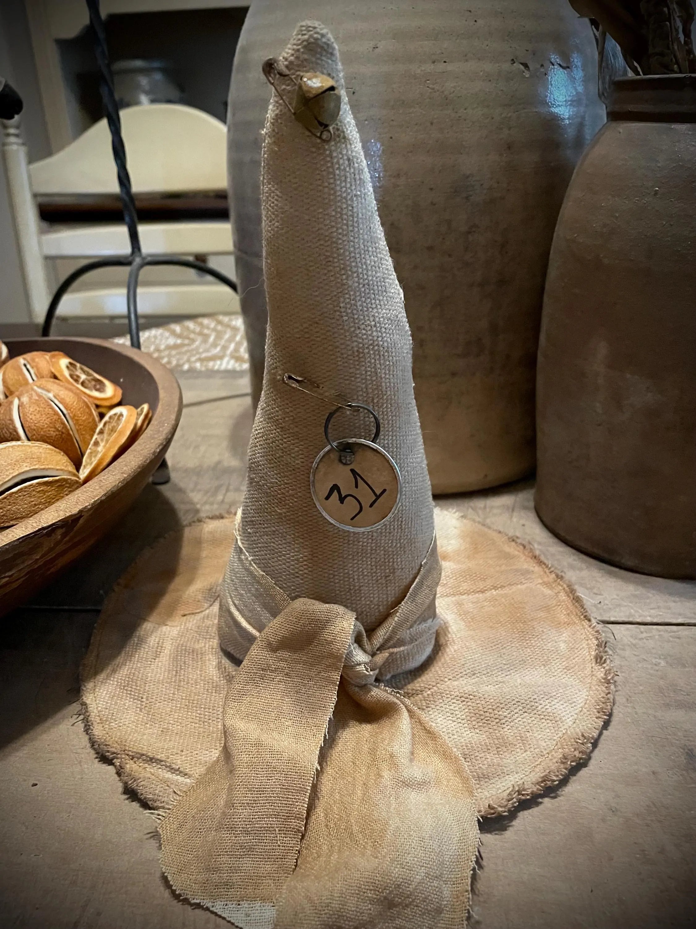 Primitive White Feedsac Witch Hat Shelf Sitter 8x10