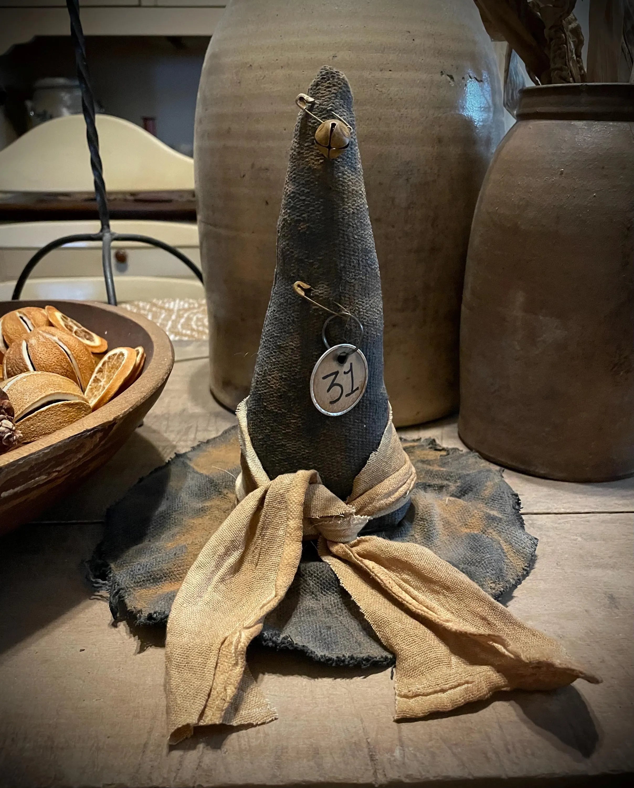 Primitive Black Feedsac Witch Hat Shelf Sitter 8x10