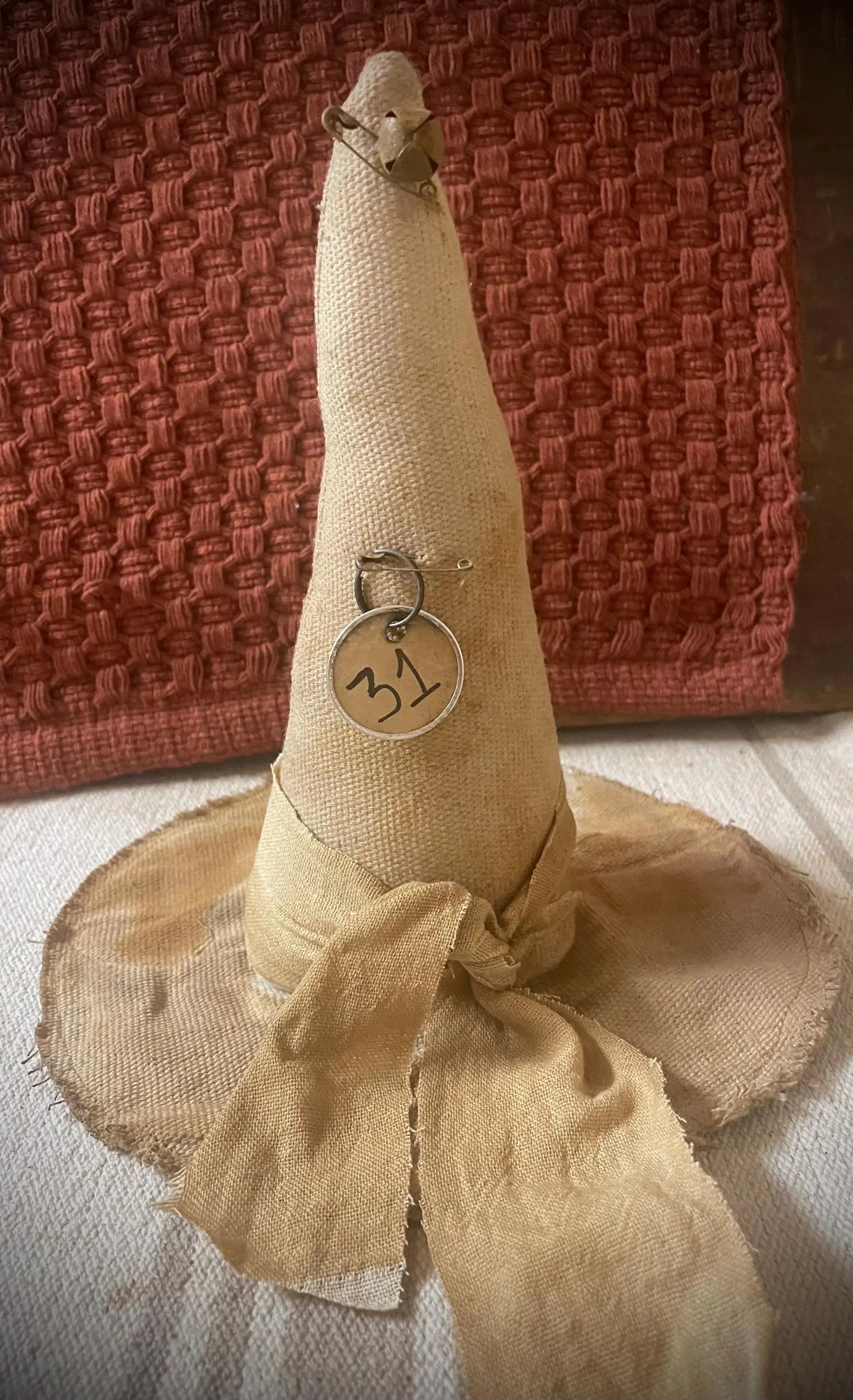 Primitive White Feedsac Witch Hat Shelf Sitter 8x10