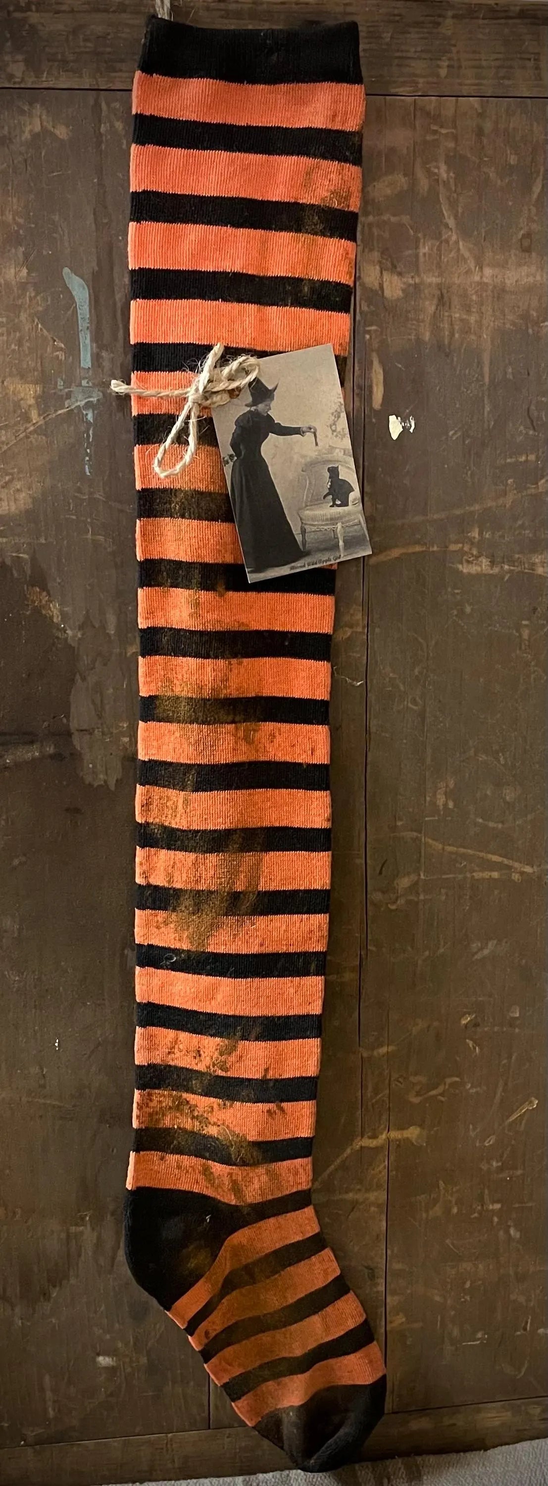 Primitive Fall Orange/Black Stocking With Tag